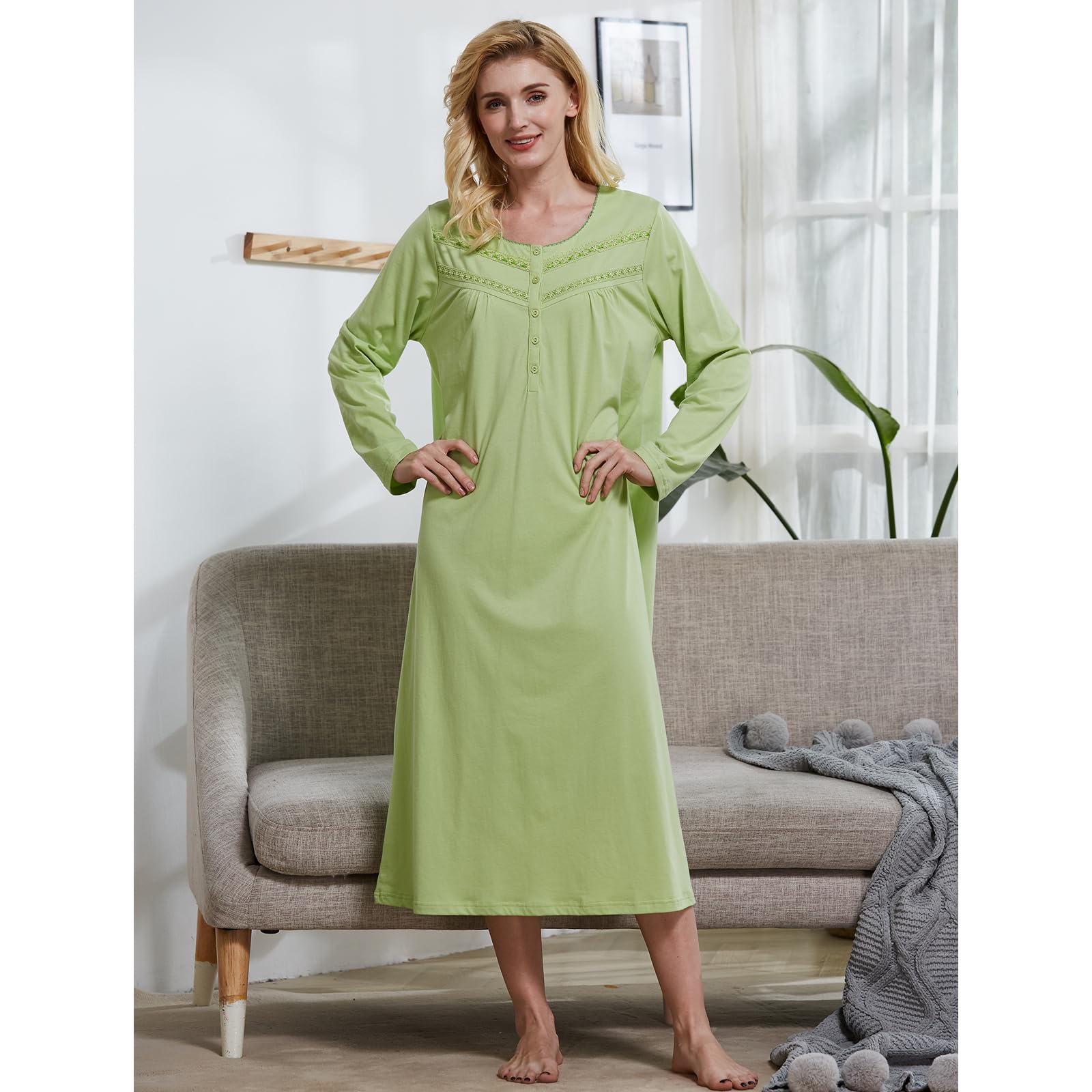 Keyocean Women's Soft Cotton Long Sleeve Nightgown - Comfortable Lightweight Sleepwear for Relaxing at Home & Lounge Wear
