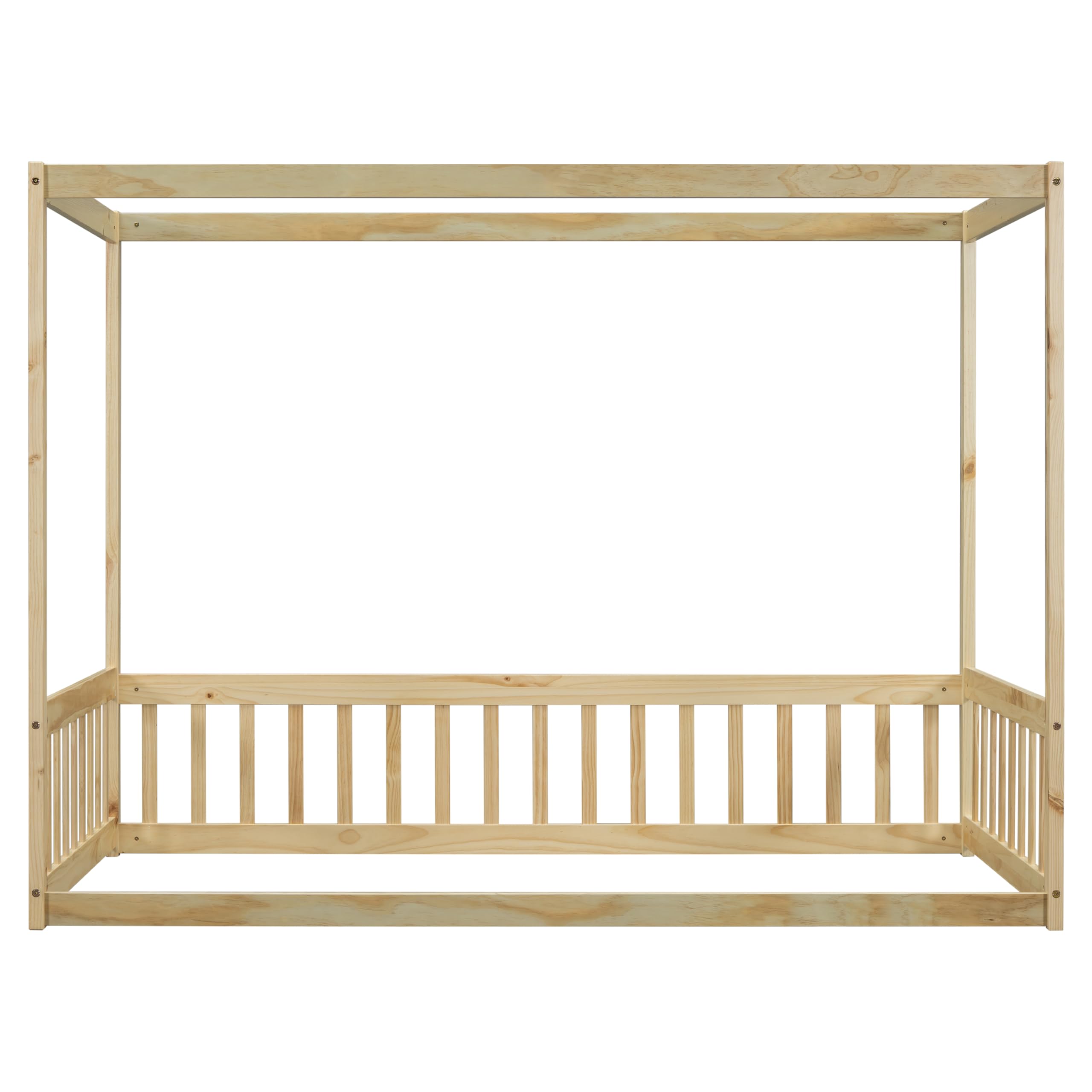 Twin Size Wooden Canopy Bed Frame with Guardrails for Kids - Montessori Floor Bed with Four Poster Design - Natural Wood Toddler Bed for Girls & Boys - Perfect for Bedrooms, Playrooms & Montessori Learning Spaces