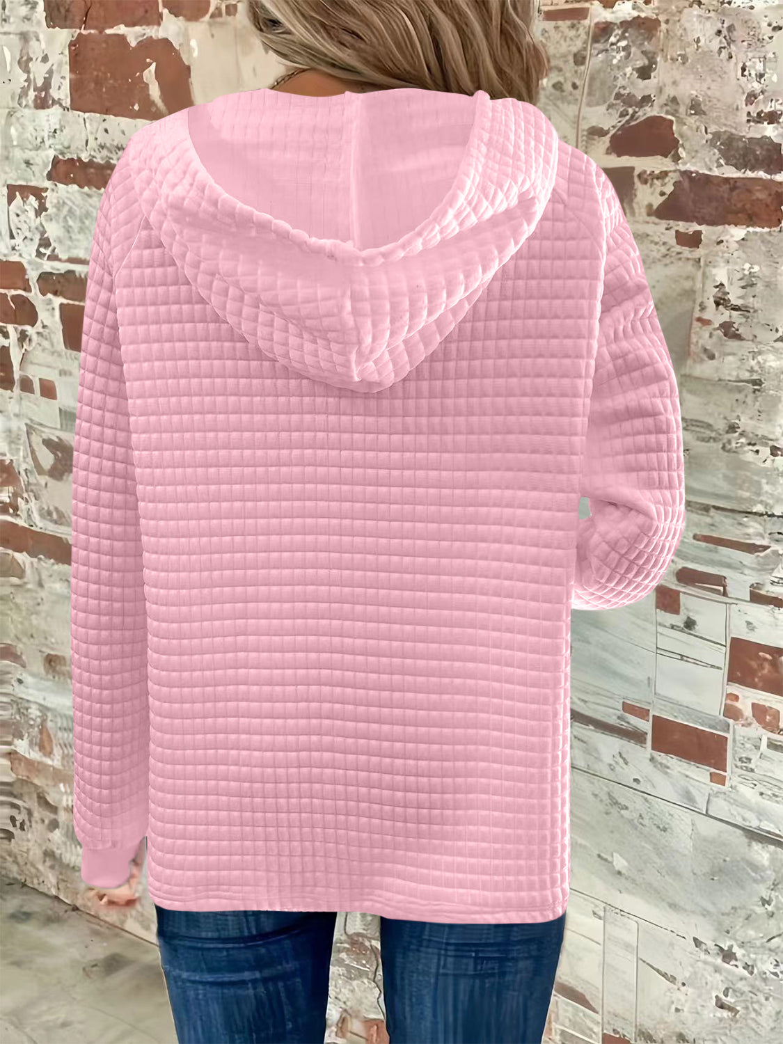 Full Size Textured Button Detail Drawstring Long Sleeve Hoodie for Men & Women - Cozy Casual Wear for Fall Winter Outdoor Activities