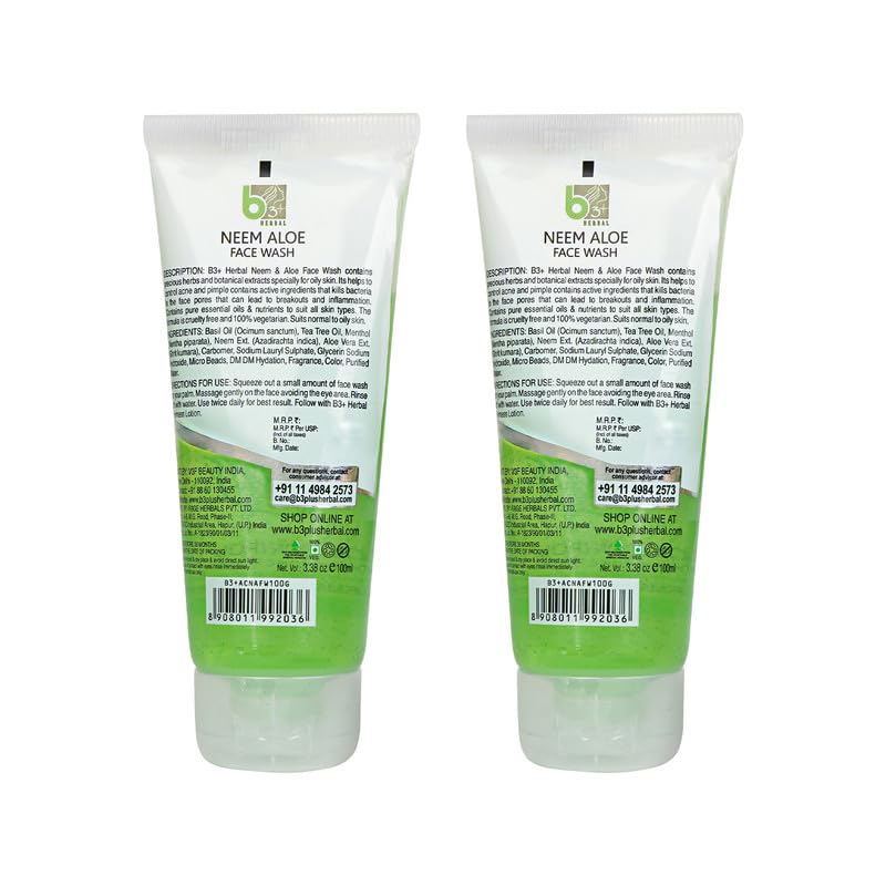 B3+ Herbal Neem & Aloe Face Wash for Normal to Oily Skin - Acne & Pimple Control Treatment - Pack of 2 - Gentle Daily Cleanser for Clear, Healthy Skin - Perfect for Morning & Night Skincare Routine