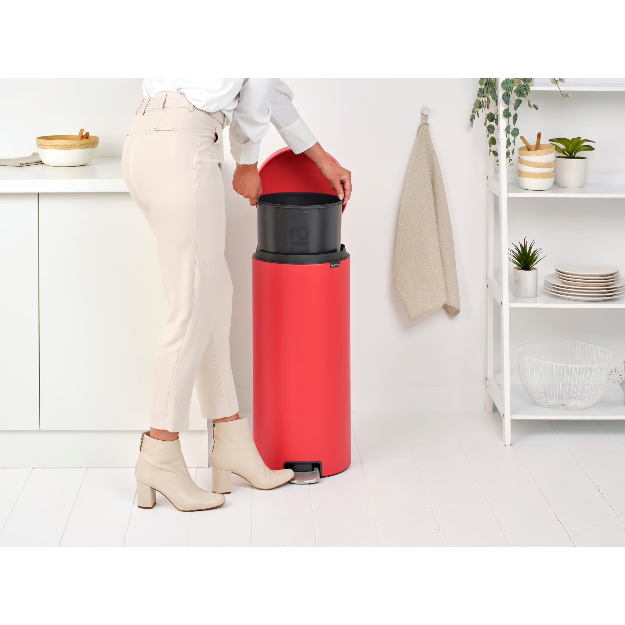 Brabantia New Icon Step Trash Can 8 Gallon - Soft Closing Kitchen Garbage & Recycling Bin with Removable Bucket in Mineral Red | Perfect for Modern Kitchens, Offices & Eco-Friendly Homes