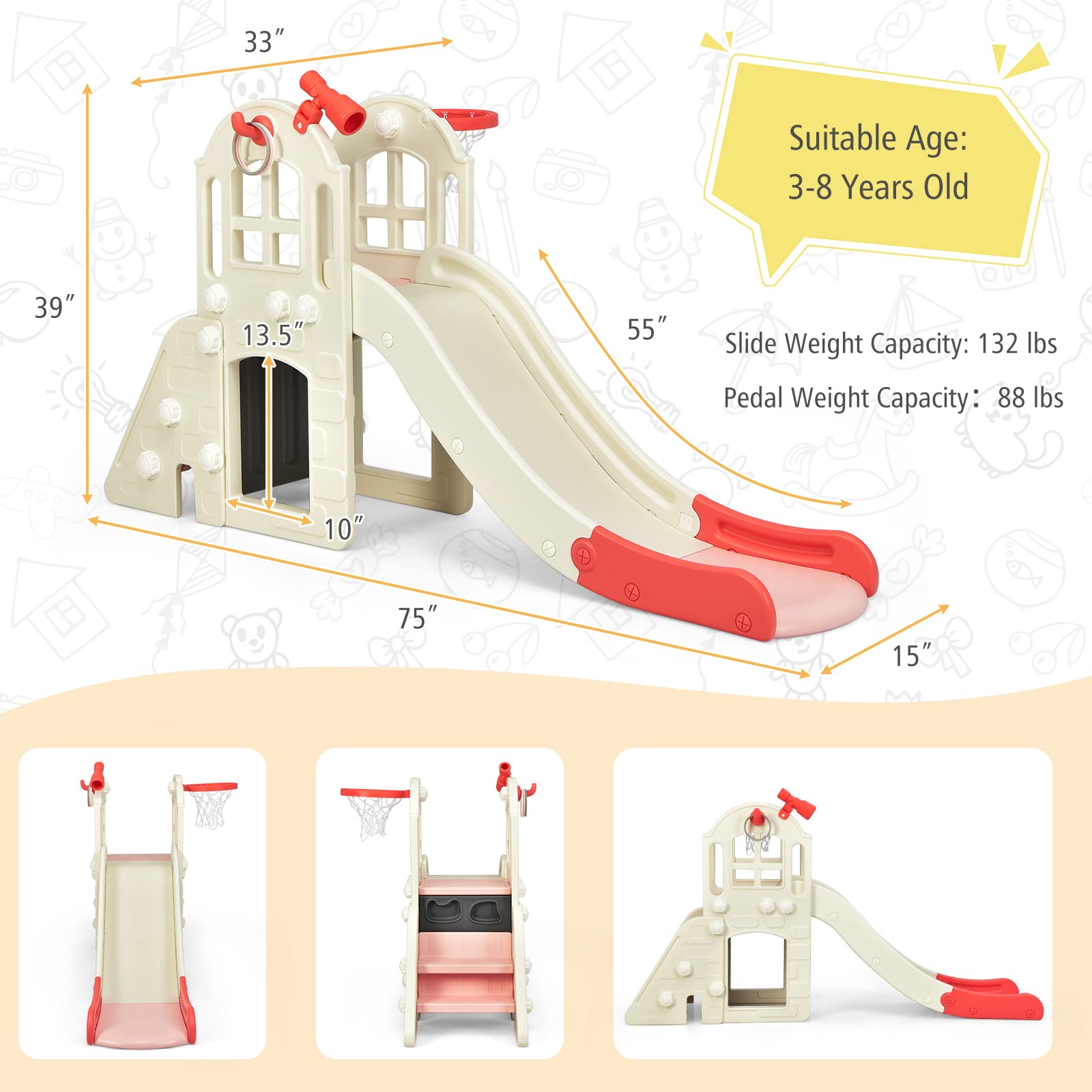 BABY JOY 6-in-1 Toddler Slide & Climber Set with Basketball Hoop & Ring Toss - Convertible Indoor/Outdoor Playground for Boys & Girls Ages 2-5 | Perfect Birthday Gift for Active Kids in Backyard, Playroom or Daycare