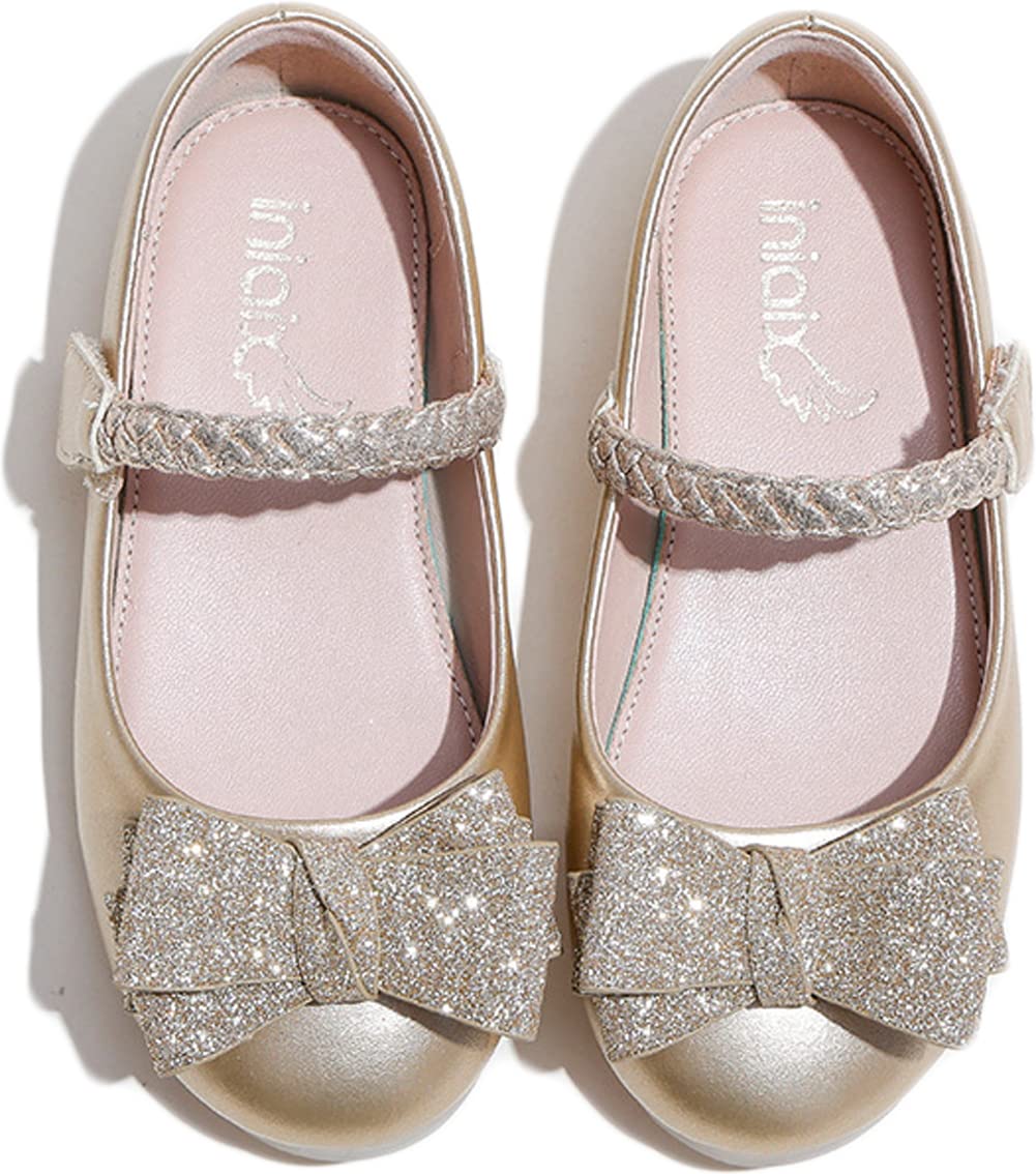 Girls Ballet Flats with Bow Knot - Soft Sole Princess Shoes for Toddlers & Kids - Comfortable Knit Ankle Strap Shoes for School, Dance Class & Everyday Wear