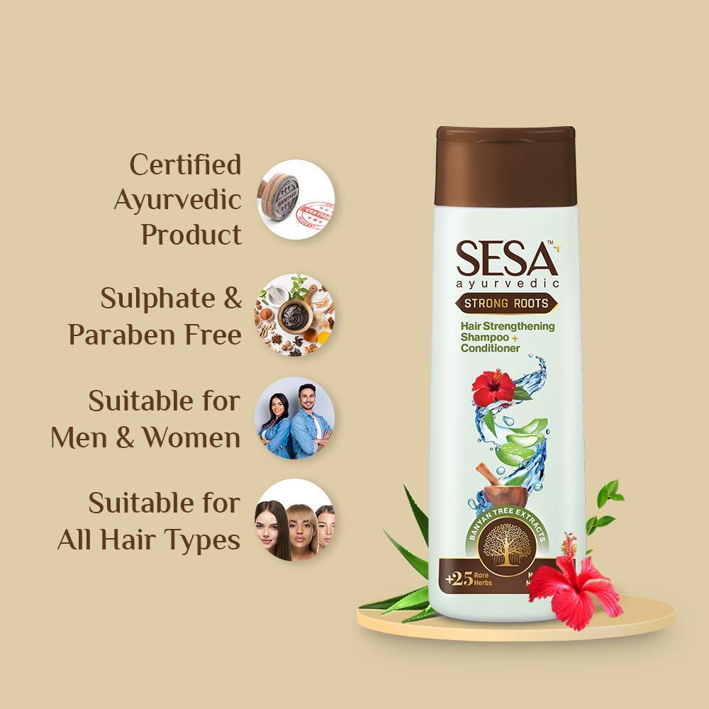SESA Ayurvedic Strong Roots Hair Shampoo & Conditioner Set - 200ml Paraben & Sulfate Free for Men & Women - Strengthens Hair Roots, Nourishes Scalp - Perfect for Daily Hair Care & Scalp Treatment