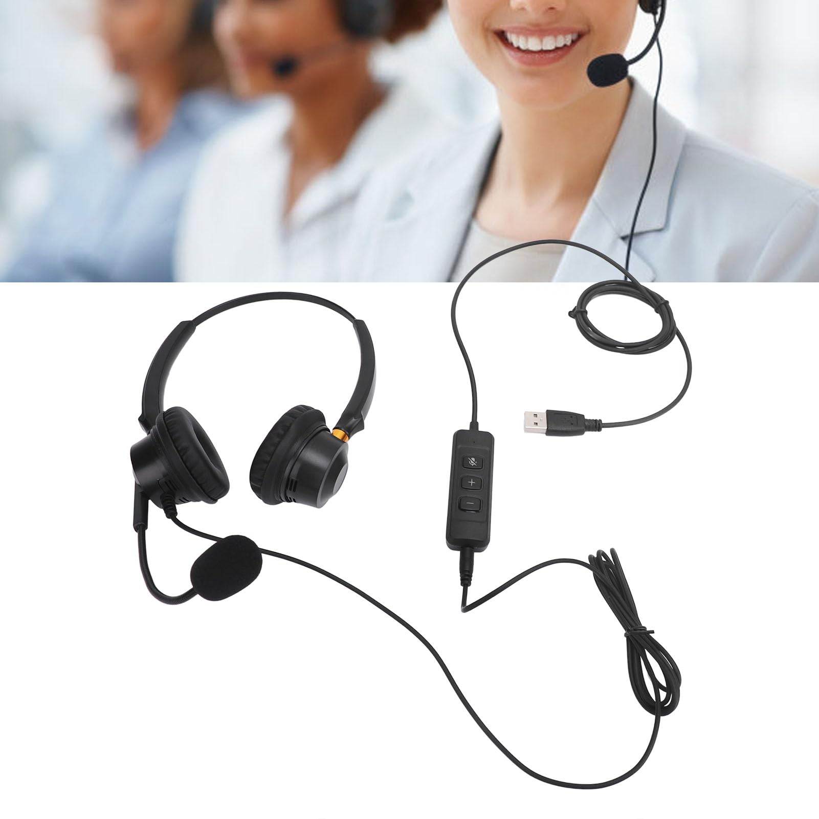 Topiky Noise Canceling USB Headset with Adjustable Volume & Long Cable - Dual Ear Office Telephone Headset for Call Center, Customer Service & Remote Work (PC/Laptop Compatible)
