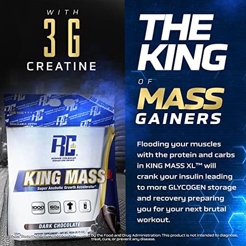 Ronnie Coleman King Mass XL Protein Powder - 20lb Dark Chocolate | Weight & Muscle Gainer with 60g Protein, 180g Carbs, 1000+ Calories | Creatine & Glutamine Formula | Ideal for Bodybuilding, Post-Workout Recovery & Bulking Phases