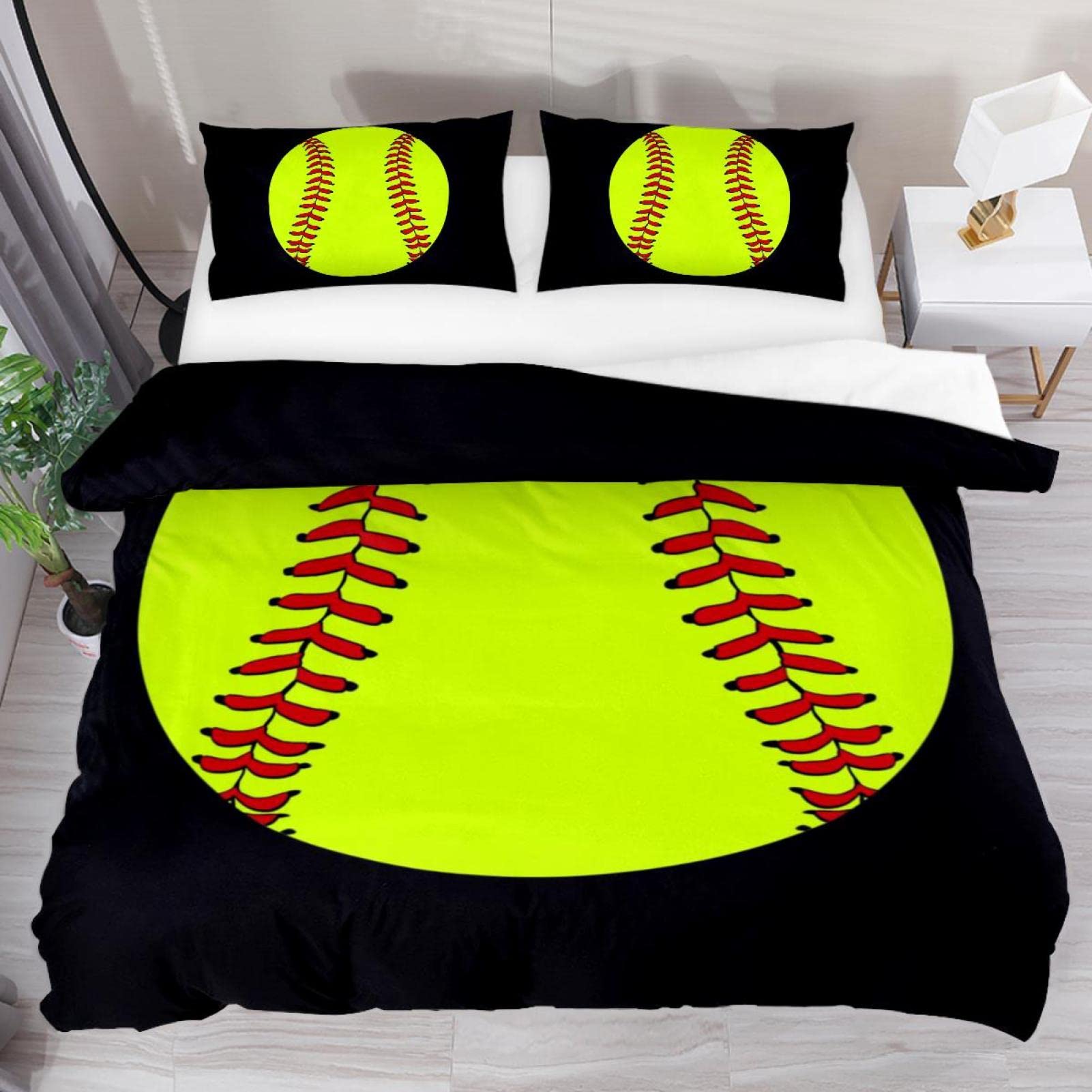 Josid Yellow Softball Duvet Cover Set - Full Size 3-Piece Microfiber Bedding with Zipper Closure & Pillow Shams | Soft, Lightweight Comfort for Baseball Fans' Bedroom Decor