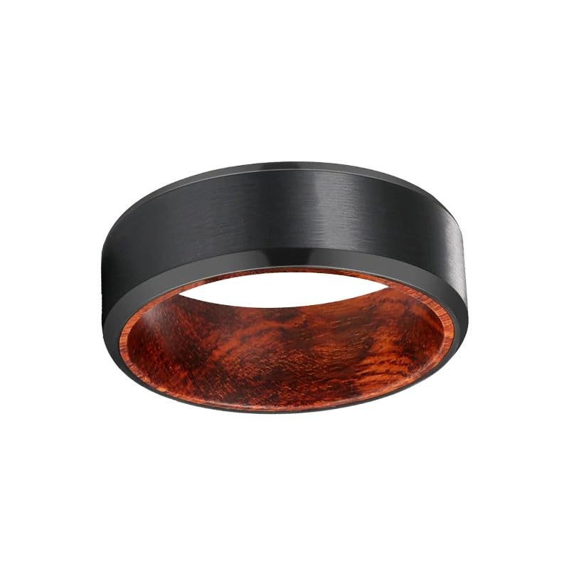 Men's Black Wood Wedding Band - 8mm Tungsten Ring with Rose Wood Inlay & Beveled Edges - Unique Nature-Inspired Anniversary Gift for Him - Perfect for Outdoor Weddings, Vow Renewals & Nature Lovers