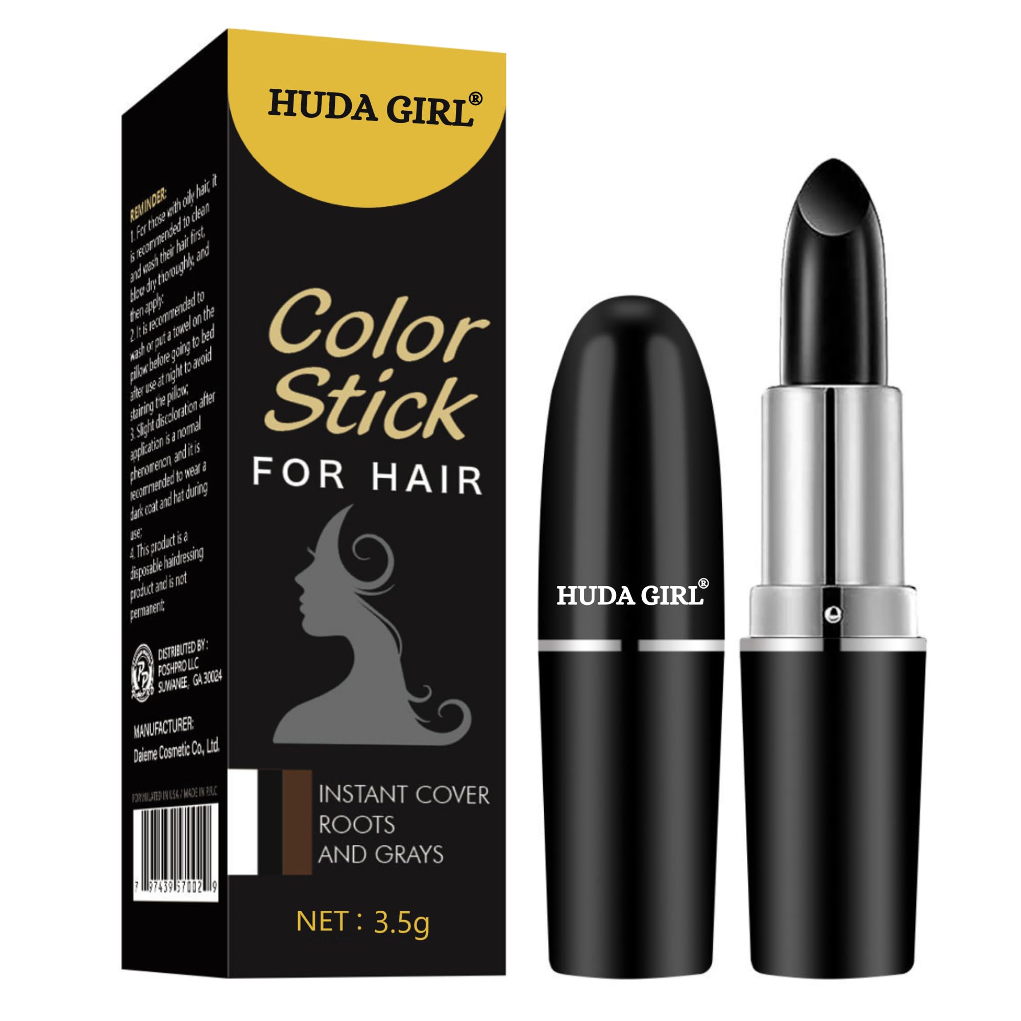 HUDA GIRL Natural Hair Color Root Touch Up - Grey Hair Coverage Dye Pencil for Men & Women, Non-Toxic & Safe Formula, Long-Lasting Black Hair Color (1 Count) - Perfect for Quick Root Touch Ups Between Salon Visits, Travel, and Everyday Use