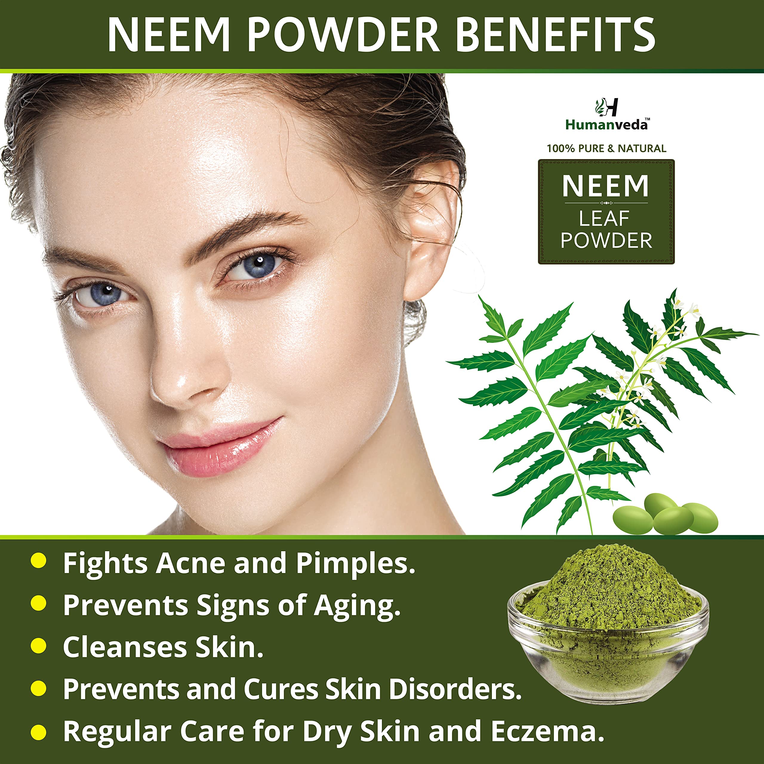 Humanveda Natural Neem Leaf Powder (100g) & Multani Mitti Powder (200g) | Fullers Earth Clay for Acne, Pimples & Dandruff Treatment | Organic Face Mask for Clear Skin & Hair Care | Perfect for Spa Day & Home Beauty Routine