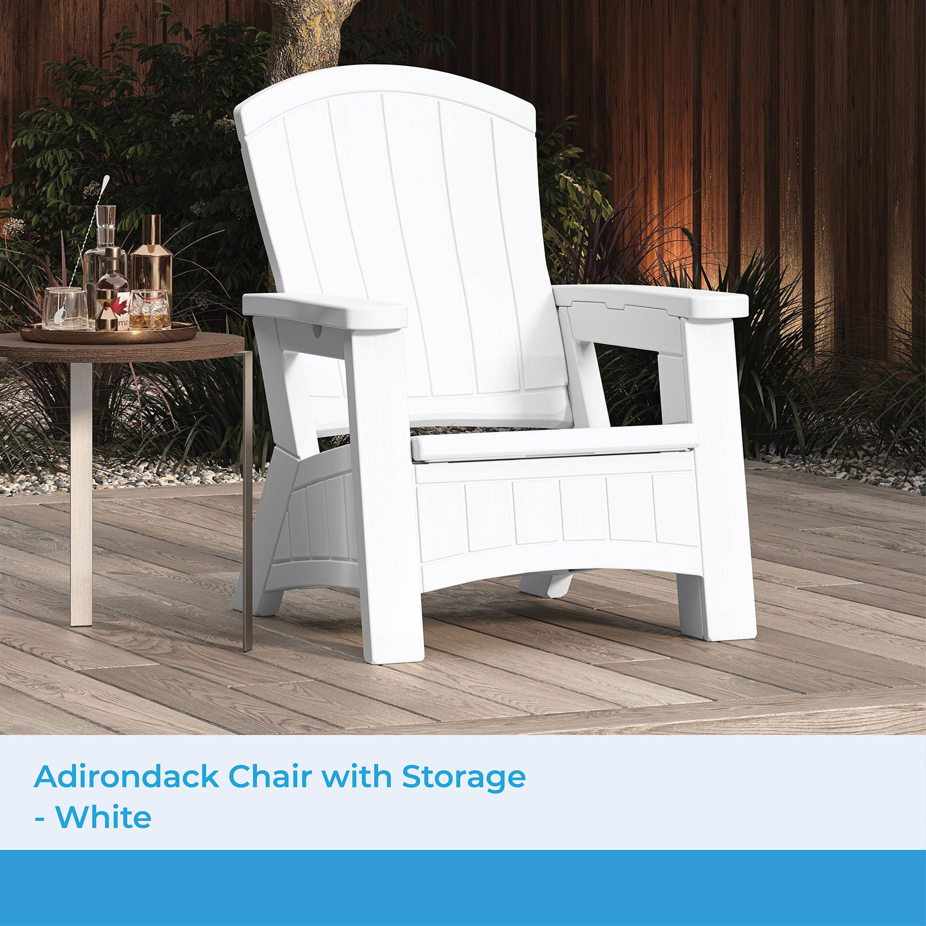 Suncast UV-Resistant White Adirondack Patio Chair with Built-in Seat Storage - Durable Outdoor Furniture for Backyard, Garden, Poolside & Deck Relaxation