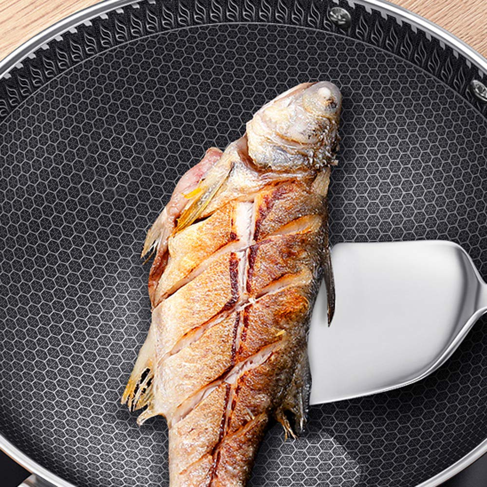 Double Sided Non-Stick Honeycomb Wok - Stainless Steel Frying Pan with Glass Lid - Compatible with Gas & Induction Stoves - Perfect for Stir-Fry, Deep Frying & Asian Cooking