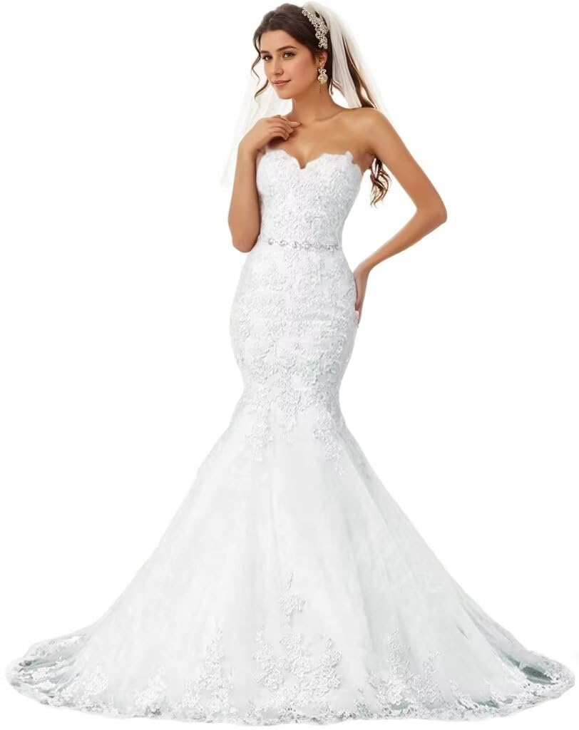 Elegant Lace Mermaid Wedding Dress 2025 | Strapless Beach Bridal Gown with Applique & Tulle | Perfect for Boho Beach Weddings, Destination Elopements, and Romantic Seaside Ceremonies