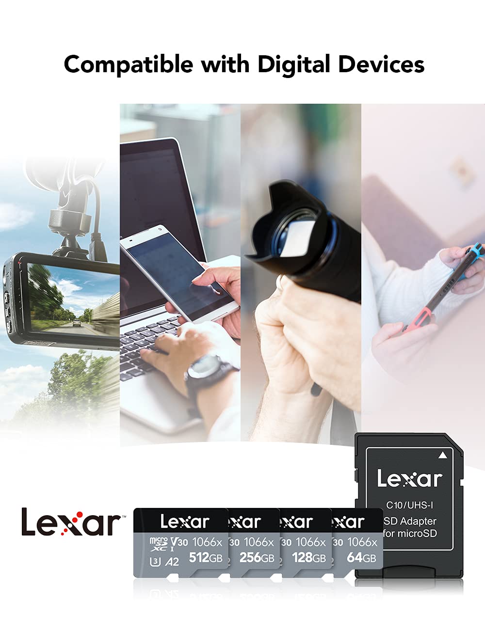 Lexar Professional 1066x 256GB Micro SDXC UHS-I Memory Card with Adapter - Up to 160MB/s Read Speed - Compatible with GoPro, DJI Drones, Android Smartphones & Tablets - Perfect for 4K Video Recording, Gaming & Mobile Storage (LMS1066256G-BNAAG)