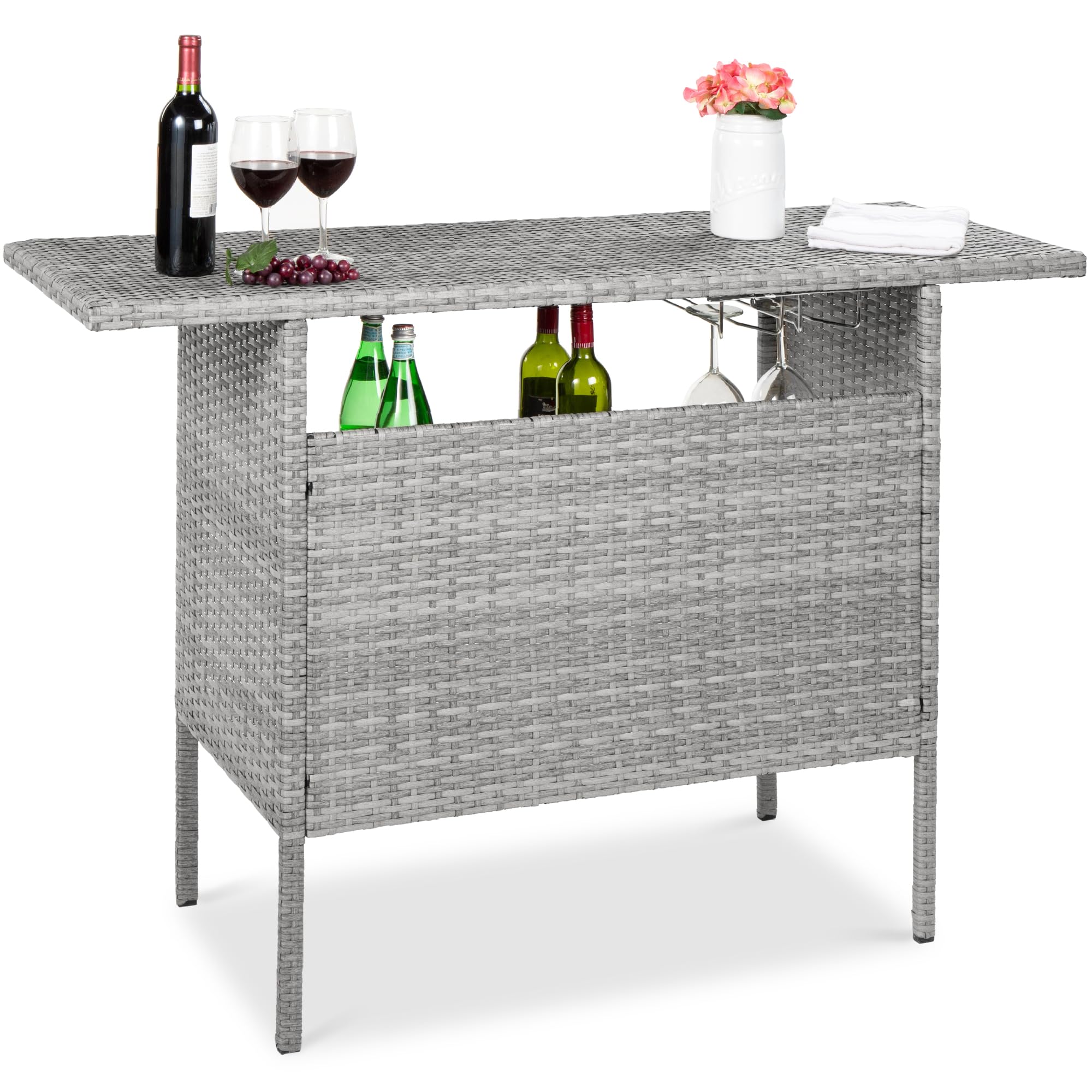 Best Outdoor Patio Bar Table with 2 Steel Shelves & Rails - Wicker Counter Height Backyard Furniture for Garden, Deck, or Poolside - Gray