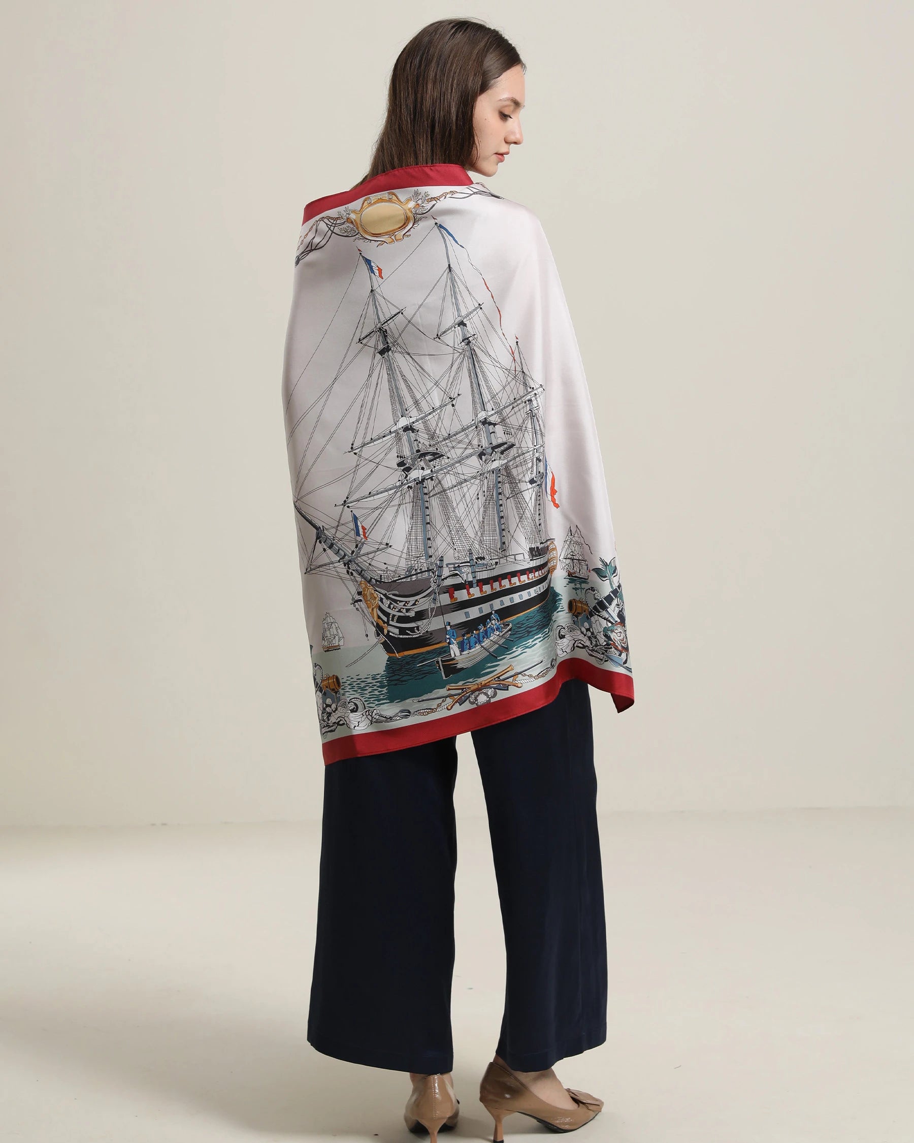Elegant Silk Scarf with Nautical Boat Design - Perfect for Women's Fashion Accessories, Office Wear and Travel Outfits
