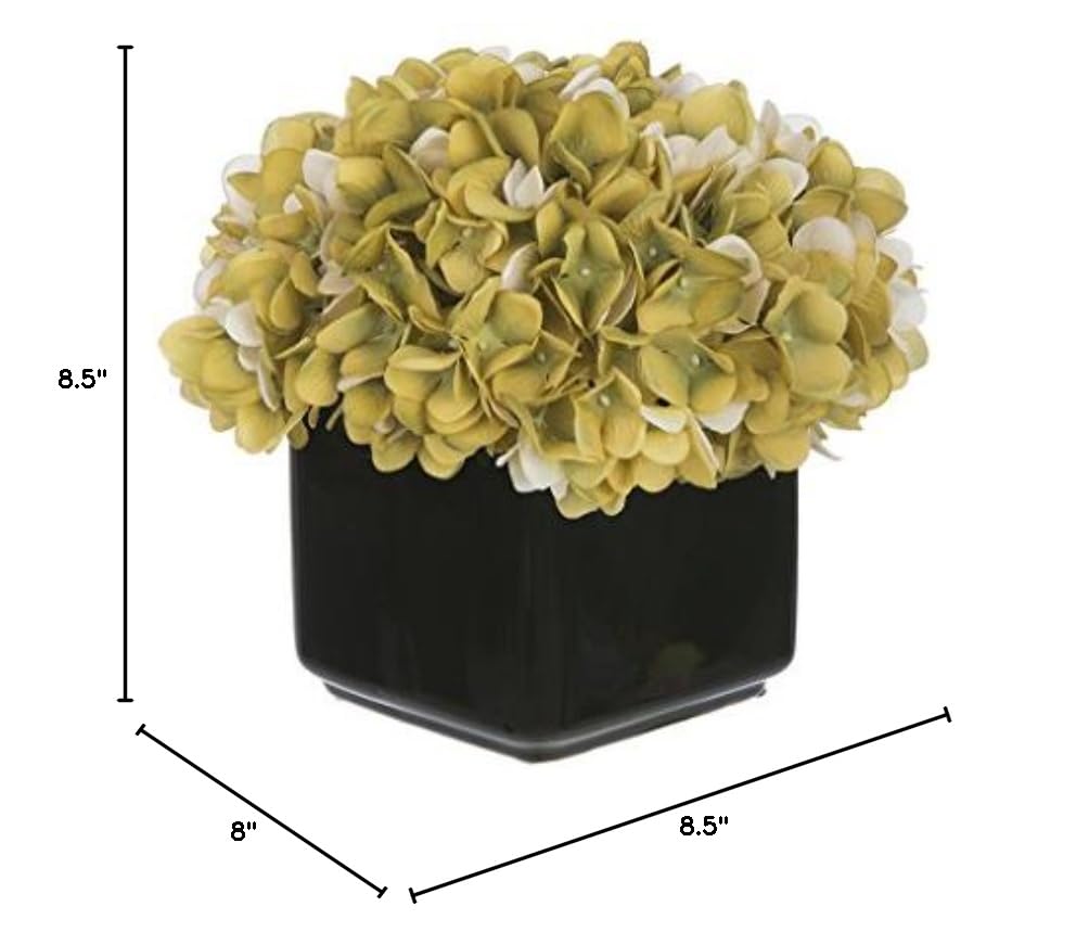 Artificial Hydrangea Flowers in Small Black Cube Ceramic Vase - Sage Green & Cream White Home Decor for Living Room, Bedroom, and Office