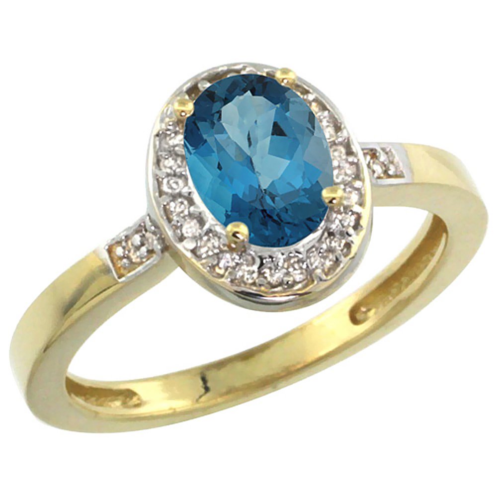 14K Yellow Gold Diamond & Natural London Blue Topaz Oval Ring (7x5mm) - Sizes 5-10 | Elegant Engagement, Anniversary & Wedding Jewelry Gift for Women