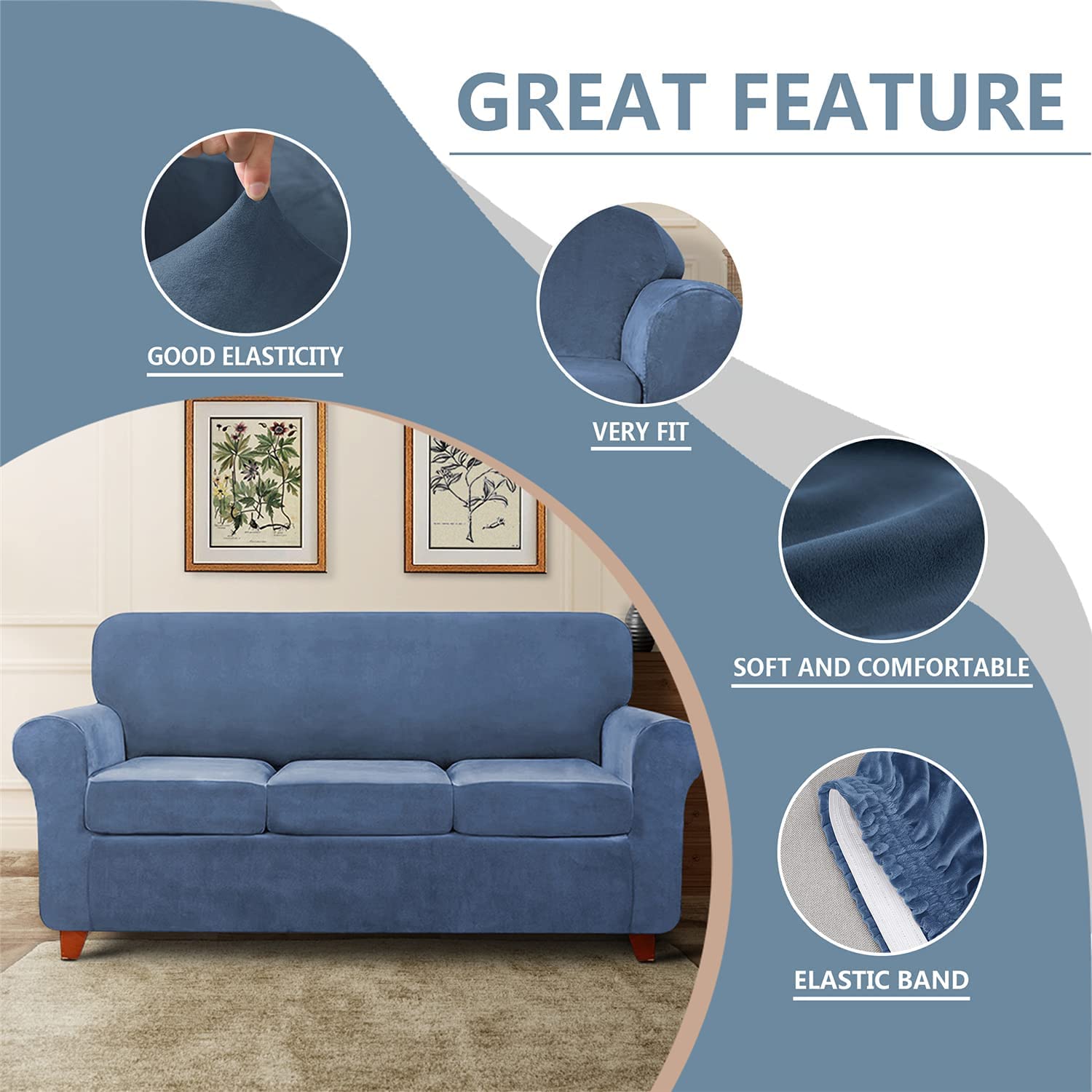 Stretch Velvet Sofa Slipcover with Separate Seat Cushion Covers - Super Soft Non-Slip Couch Cover Furniture Protector with Elastic Bands for 2-Seater Sofa - Blue - Perfect for Living Room, Home Decor & Pet-Friendly Furniture Protection