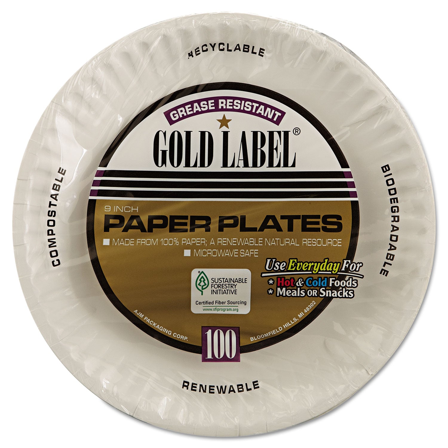AJM Packaging Gold Label Coated Paper Plates - 9 Inch White Disposable Plates (100 Count per Pack, 10 Packs per Carton) for Parties, Picnics & Catering Events