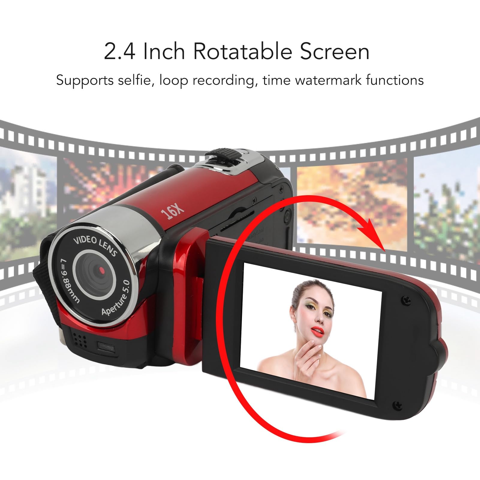 16MP Digital Camera with Rotating LCD Screen & Built-in Fill Light | HD Video Recording for Baby Growth & Family Moments | Compact ABS Silver Body (Red Accent) - Perfect for Parenting Vlogs, Birthday Parties & Travel Memories