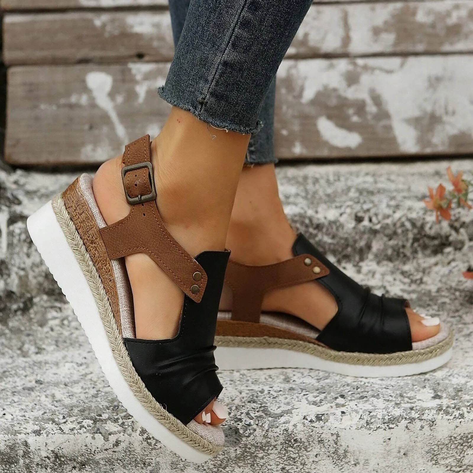 EMRELOD Women's Comfortable Orthopedic Wedge Sandals - Platform Espadrille with Ankle Strap, Low Heel Fashion Beach Shoes (Black, Size 7) | Perfect for Summer Outfits, Casual Wear & Vacation