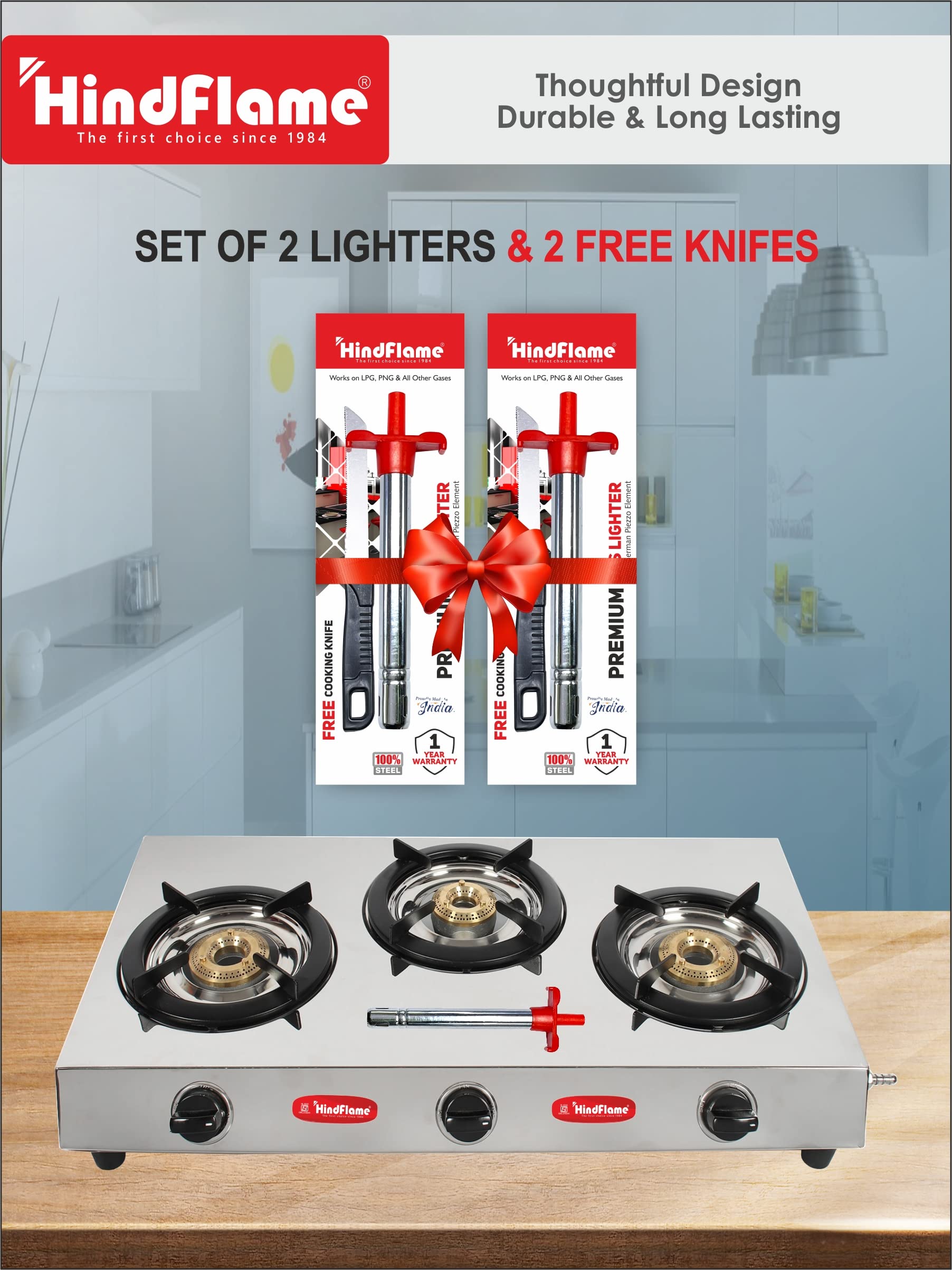 Premium Hindflame Kitchen Gas Lighter with Free Chef Knife - 2-Piece Set (Silver) | Perfect for Grilling, Camping & Home Cooking Accessories