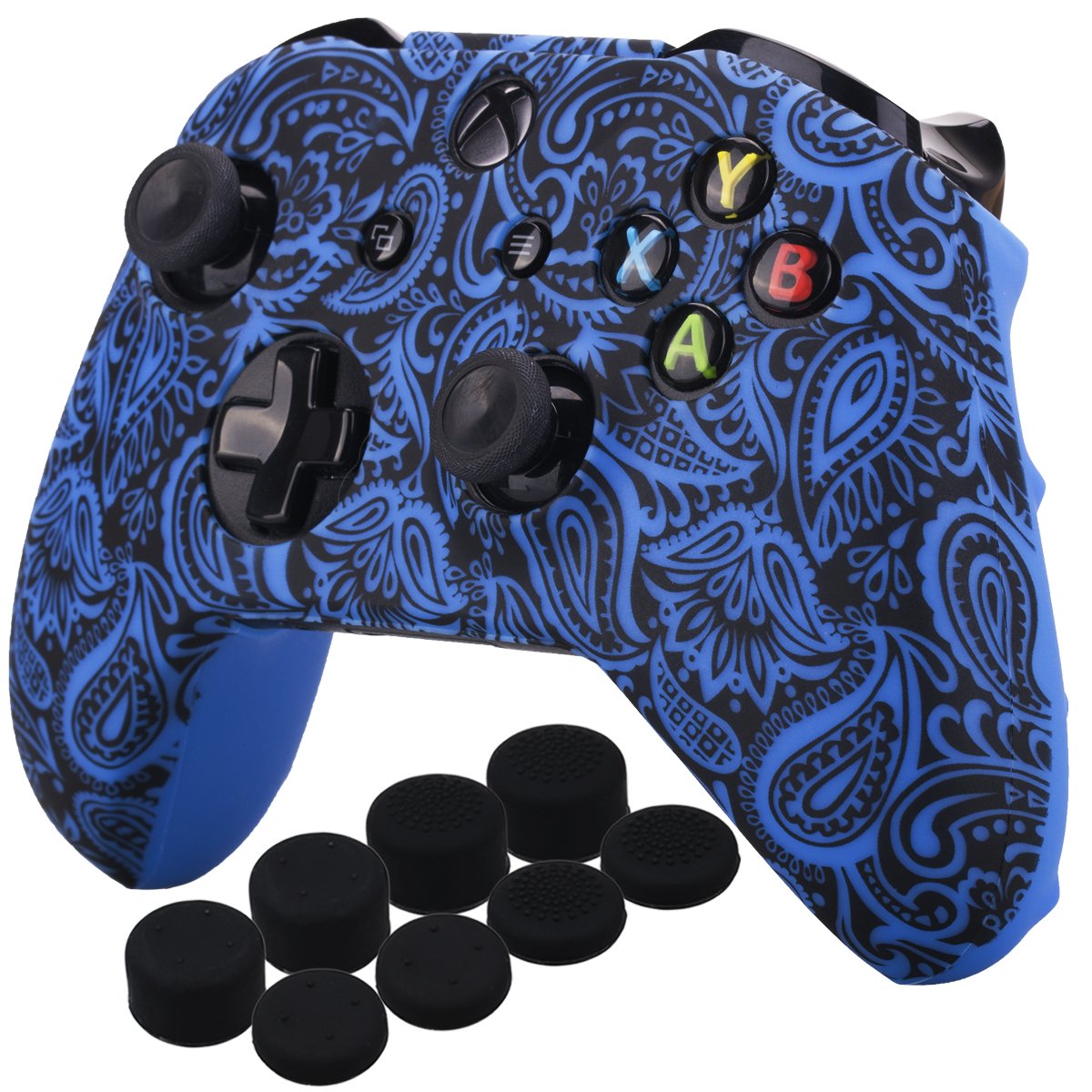 YoRHa Rubber Silicone Cover Skin Case for Xbox One S/X Controller with 8 PRO Thumb Grips - Flowers & Blue Design - Perfect for Gaming, Protection & Enhanced Grip