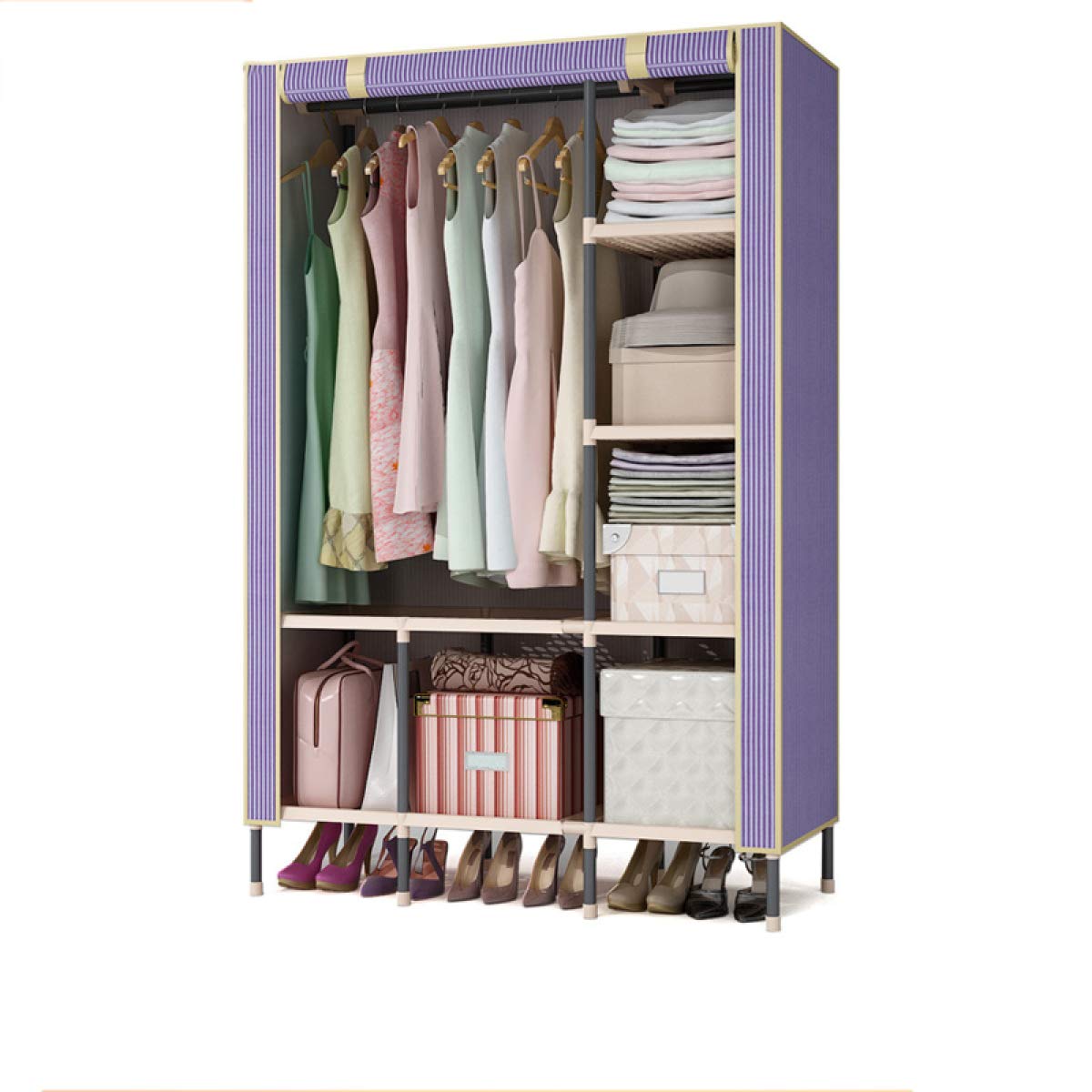 BYCDD Portable Cloth Wardrobe with Steel Pipe Hanging Rod - Foldable Closet Storage Organizer for Clothes, Shoes, Hats & Scarves (Purple, 44x18x65 Inches) - Perfect for Bedroom, Dorm, Apartment & Small Space Organization