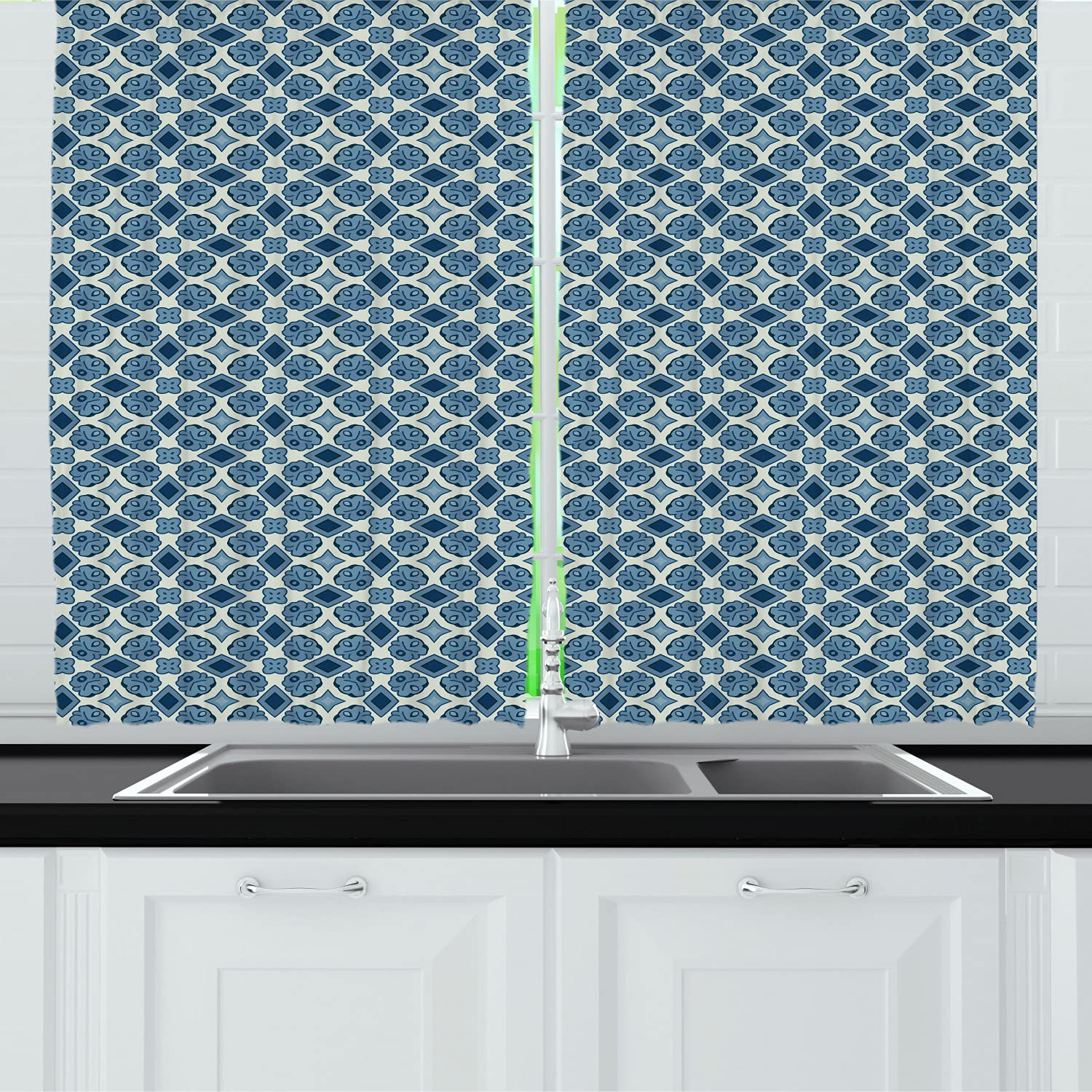 Ambesonne Vintage Paisley Floral Kitchen Curtains - Blue & Beige Oriental Print Drapes with Rod Pocket, 55