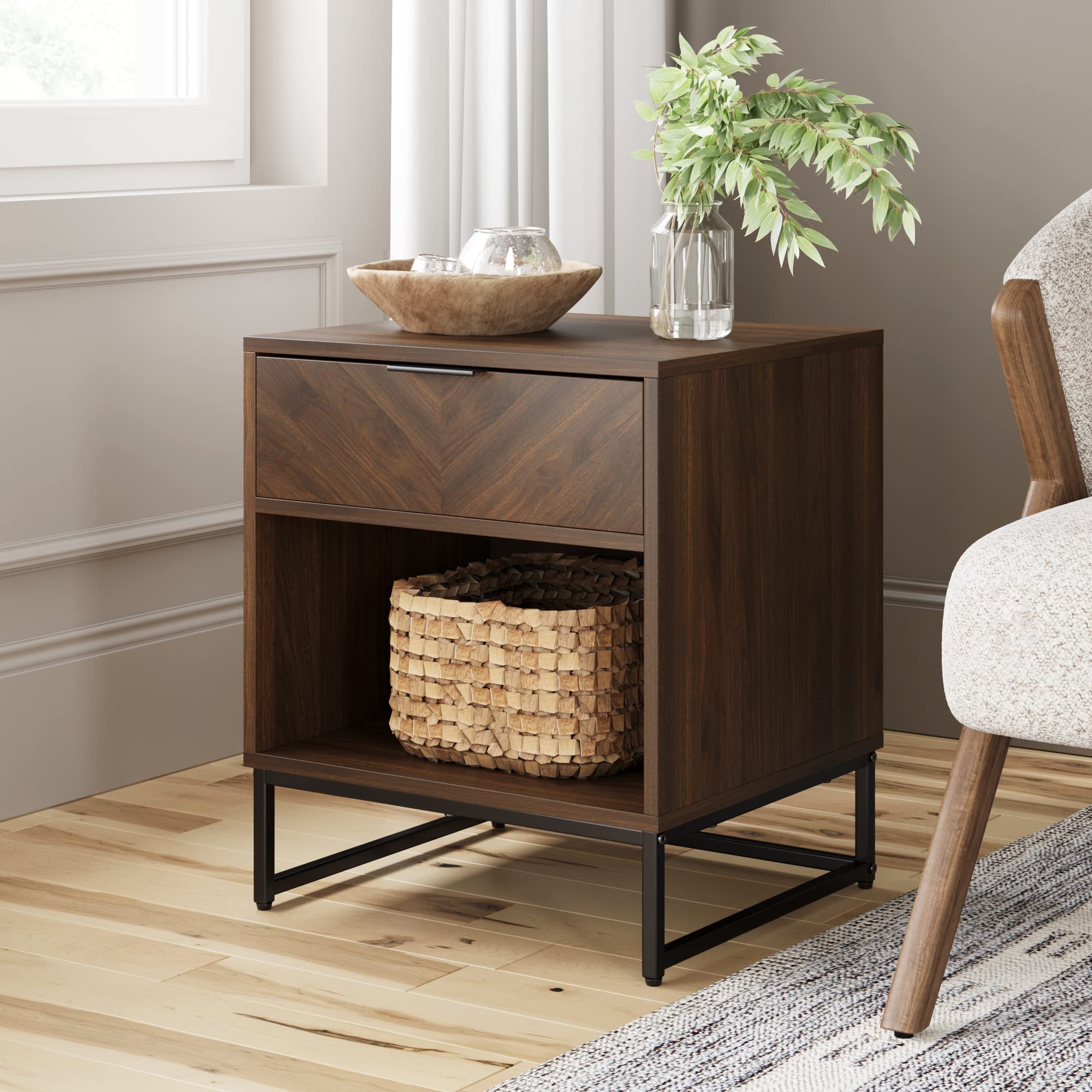 Nathan James Kensi Nightstand - Modern Walnut & Black End Table with Storage Shelf | Perfect for Bedroom, Living Room, or Office Use
