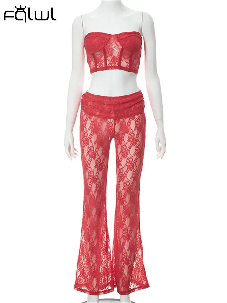 Sexy Red Lace Sheer Strapless Bodycon Crop Top & Pants Set for Women | 2-Piece Club Outfit | Perfect for Parties, Nightclubs & Date Nights | 2023 Fashion Trend
