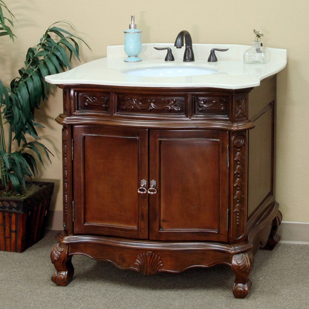 34.6 Inch Single Bathroom Vanity with Sink - Solid Wood Walnut Finish & Cream Marble Top - Perfect for Modern Home Bathroom Renovation and Small Space Design