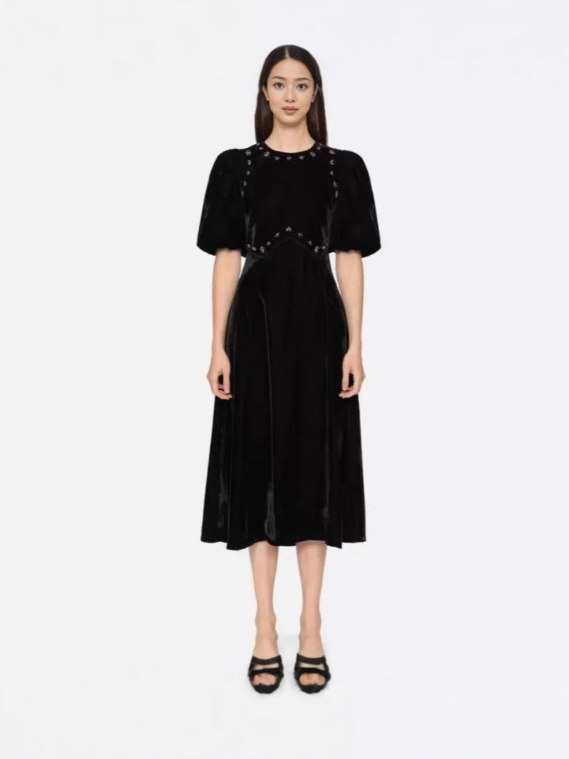 Black Crystal Embellished Puff Sleeve Midi Dress for Women - Elegant Party, Wedding & Evening Occasion Wear