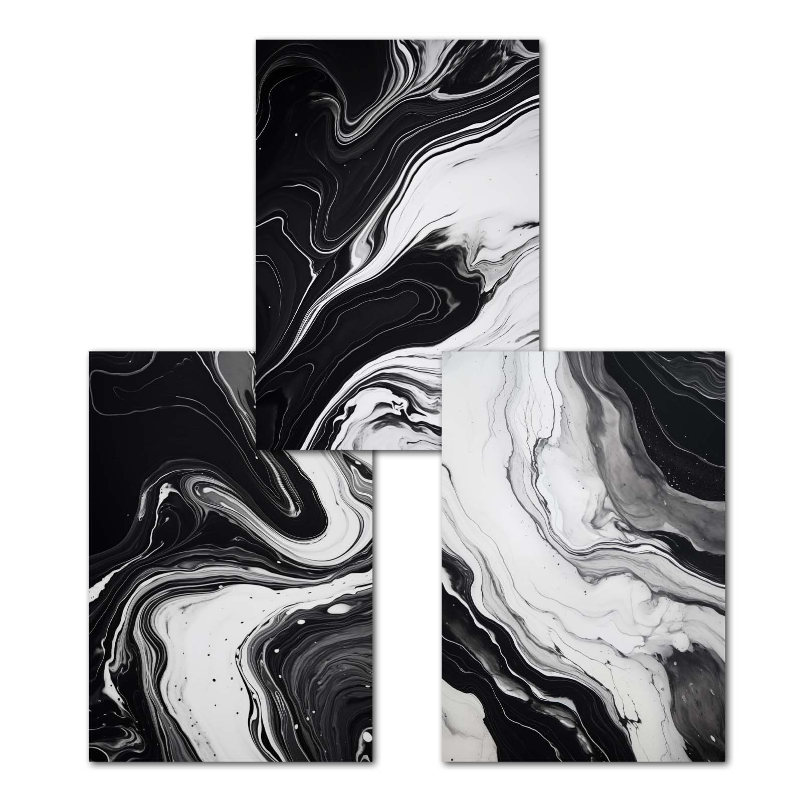 Abstract Black White Gray Marble Canvas Wall Art Set of 3 - 16x24 Inch Modern Painting for Living Room & Bedroom Decor - Frameless Marble Poster for Contemporary Home & Office Interior Design