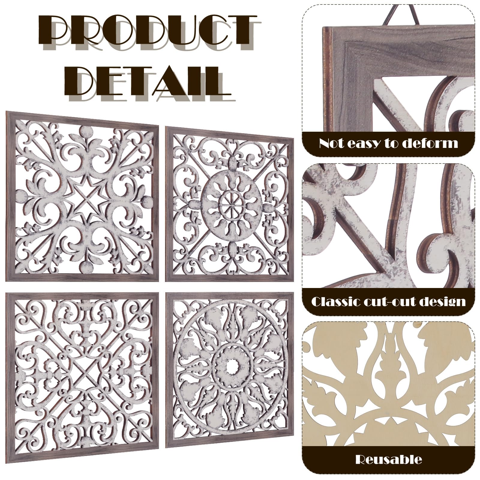 Tatuo 4-Piece Wood Wall Art Decor Set - Farmhouse Style Square Wooden Panels for Modern Home - Brown & White Wall Hangings for Living Room, Kitchen, Dining Room Decor | Perfect for Rustic, Boho & Farmhouse Interior Design