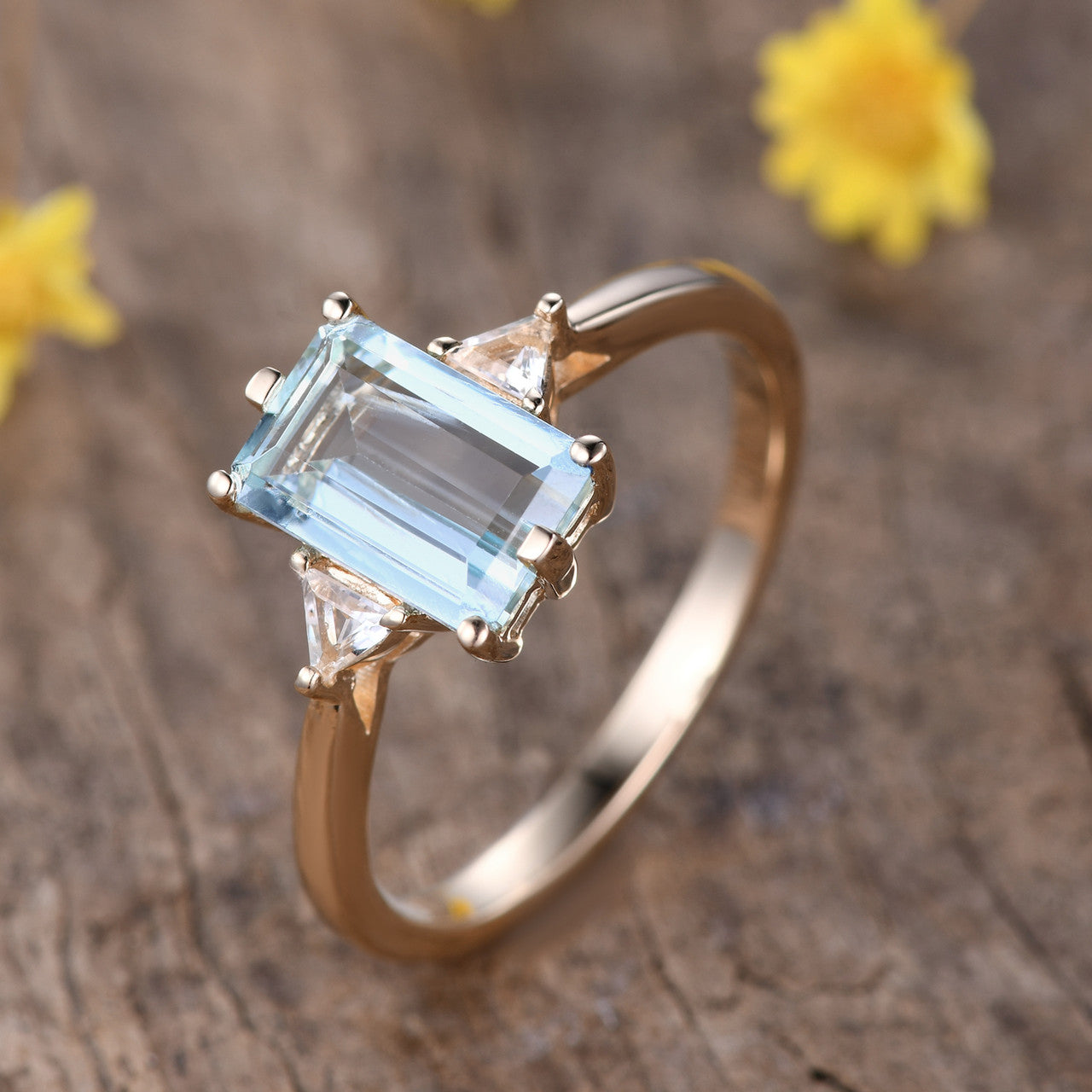 Three Stone Aquamarine Engagement Ring with White Topaz Triangle Accents in 18K Gold - Perfect for Proposals, Anniversaries & Bridal Jewelry