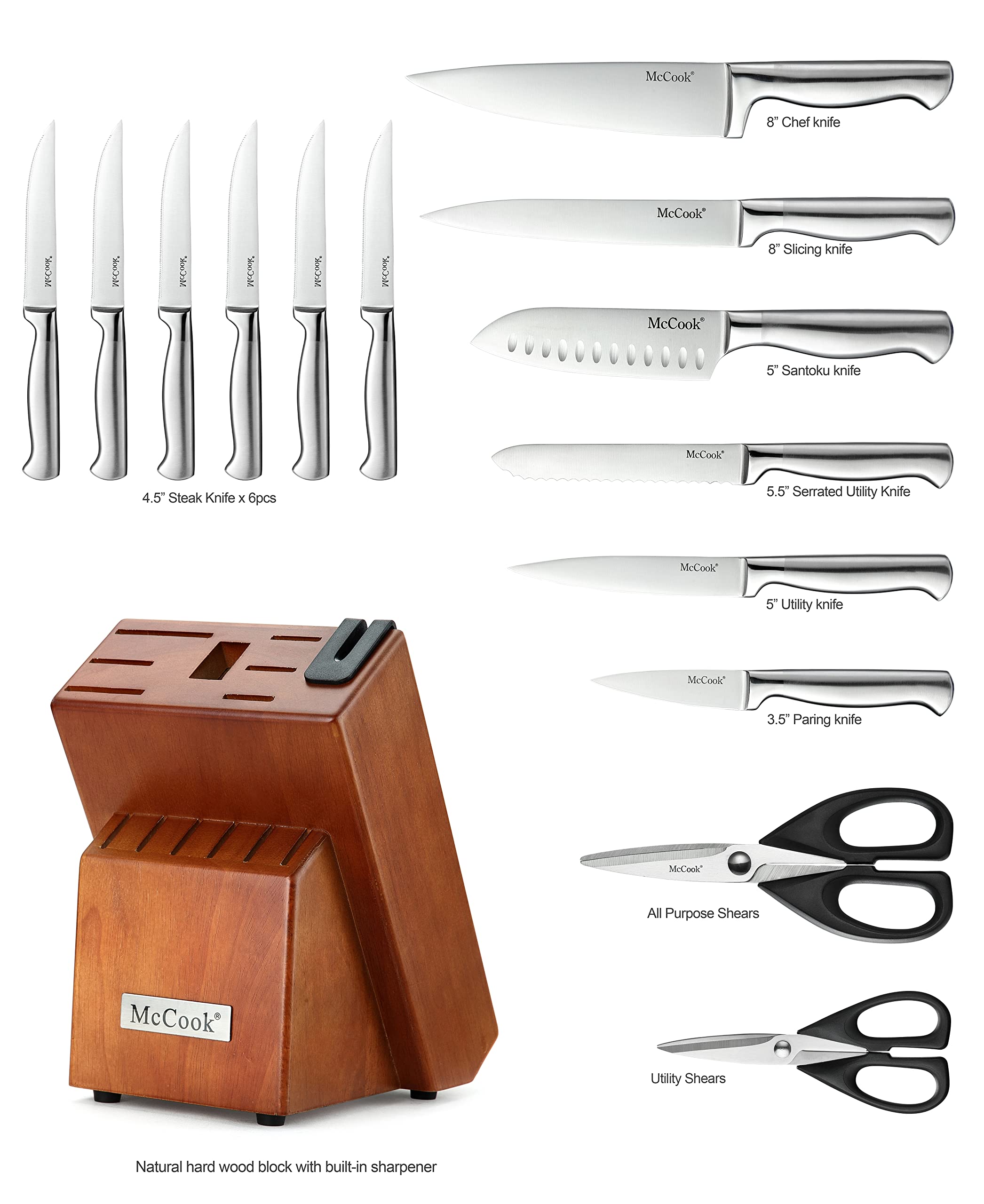 McCook® German Stainless Steel Knife Set with Built-in Sharpener - 15-Piece Kitchen Knife Block Set for Professional Chefs & Home Cooking - Perfect for Meat Cutting, Vegetable Chopping & Food Prep