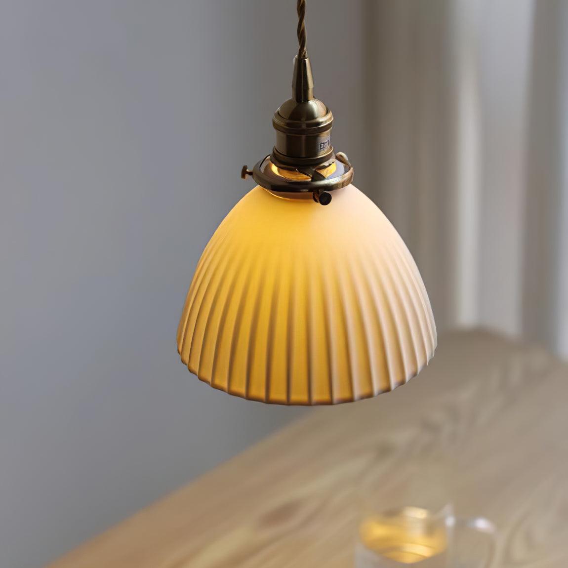 Vintage Brass Pleated Ceramic Pendant Light - Handcrafted Boho Ceiling Fixture for Dining Room, Kitchen Island & Bedroom Lighting