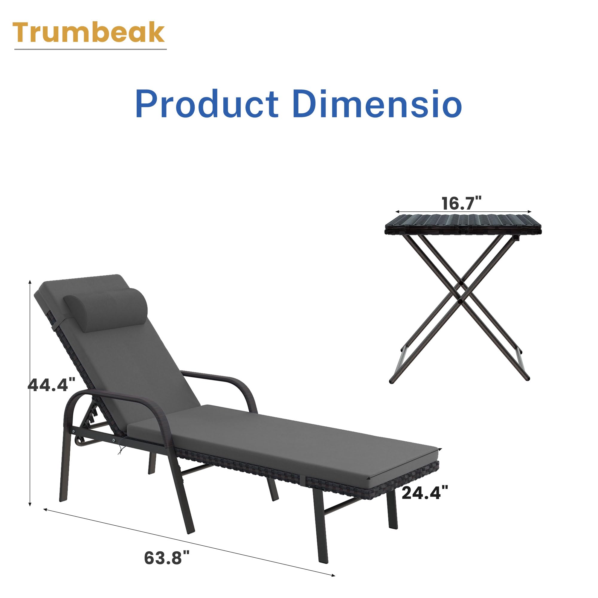 3-Piece Patio Chaise Lounge Set with Cushions - Adjustable Rattan Backrest & Folding Table - Outdoor Poolside Chairs for Porch, Backyard, Beach - Grey (Perfect for Relaxing by the Pool or Garden)