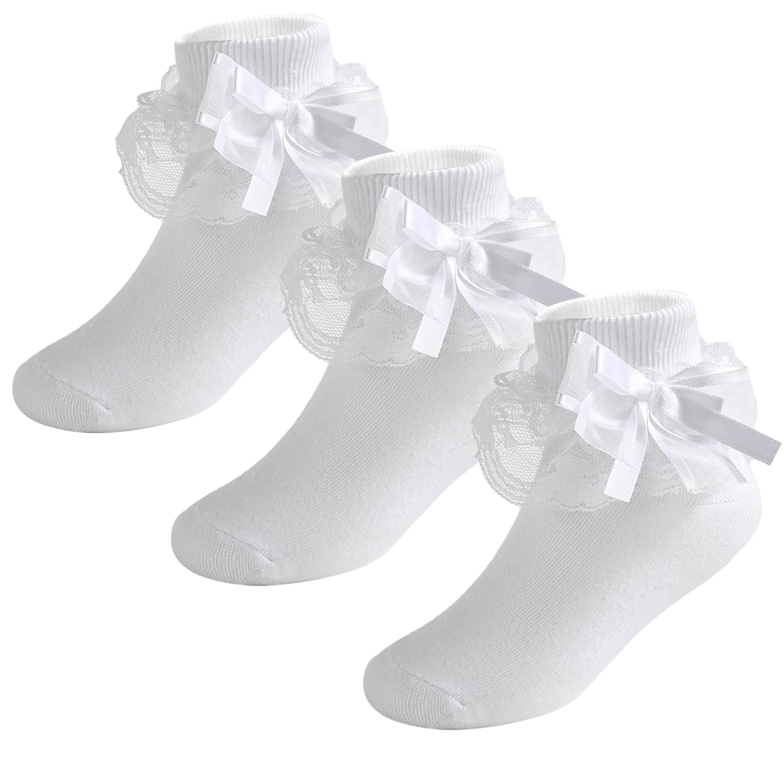**Baby Girls' Black & White Lace Bow Ruffle Socks – Cuffed Ankle Socks for Toddlers & Infants – Perfect for Parties, Holidays & Everyday Wear**