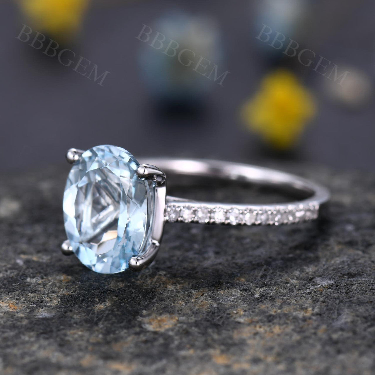 14K White Gold Oval Cut Aquamarine Solitaire Ring with Half Eternity Diamond Accents - Perfect for Engagement, Anniversary & Special Occasion Gifts