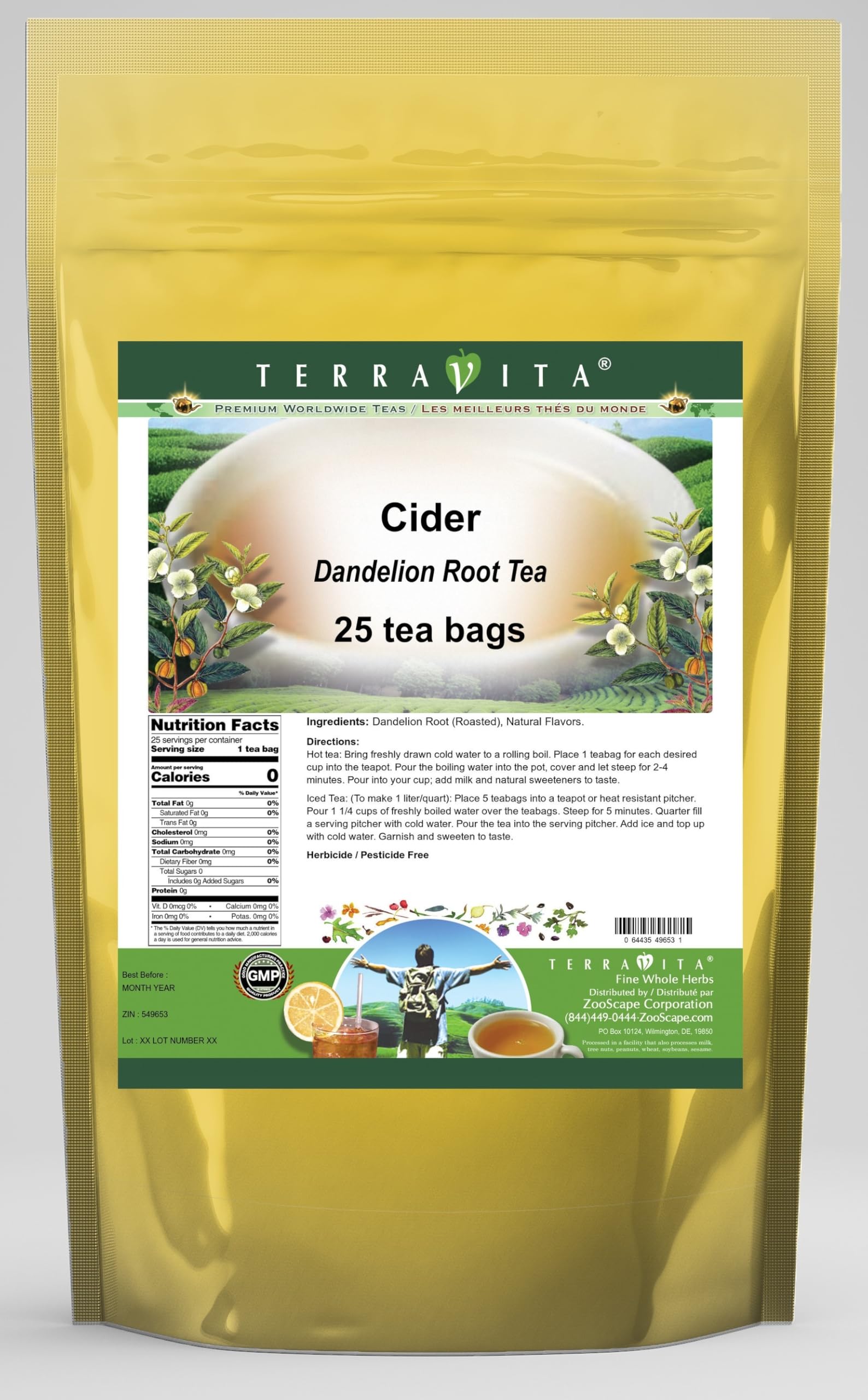 Organic Cider Dandelion Root Tea Bags - 3 Pack (75 Tea Bags Total) | Herbal Detox & Liver Support | Perfect for Morning Cleansing & Relaxation