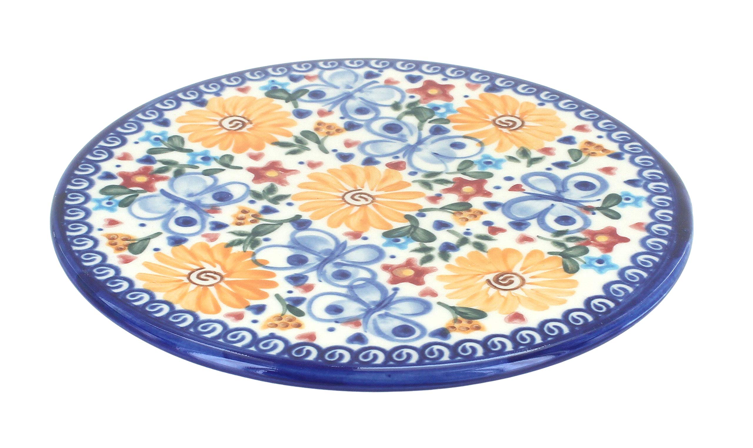 Handmade Blue Rose Polish Pottery Butterfly Trivet - Heat Resistant Coaster for Hot Dishes & Pans - Perfect for Kitchen, Dining Table, and Home Decor
