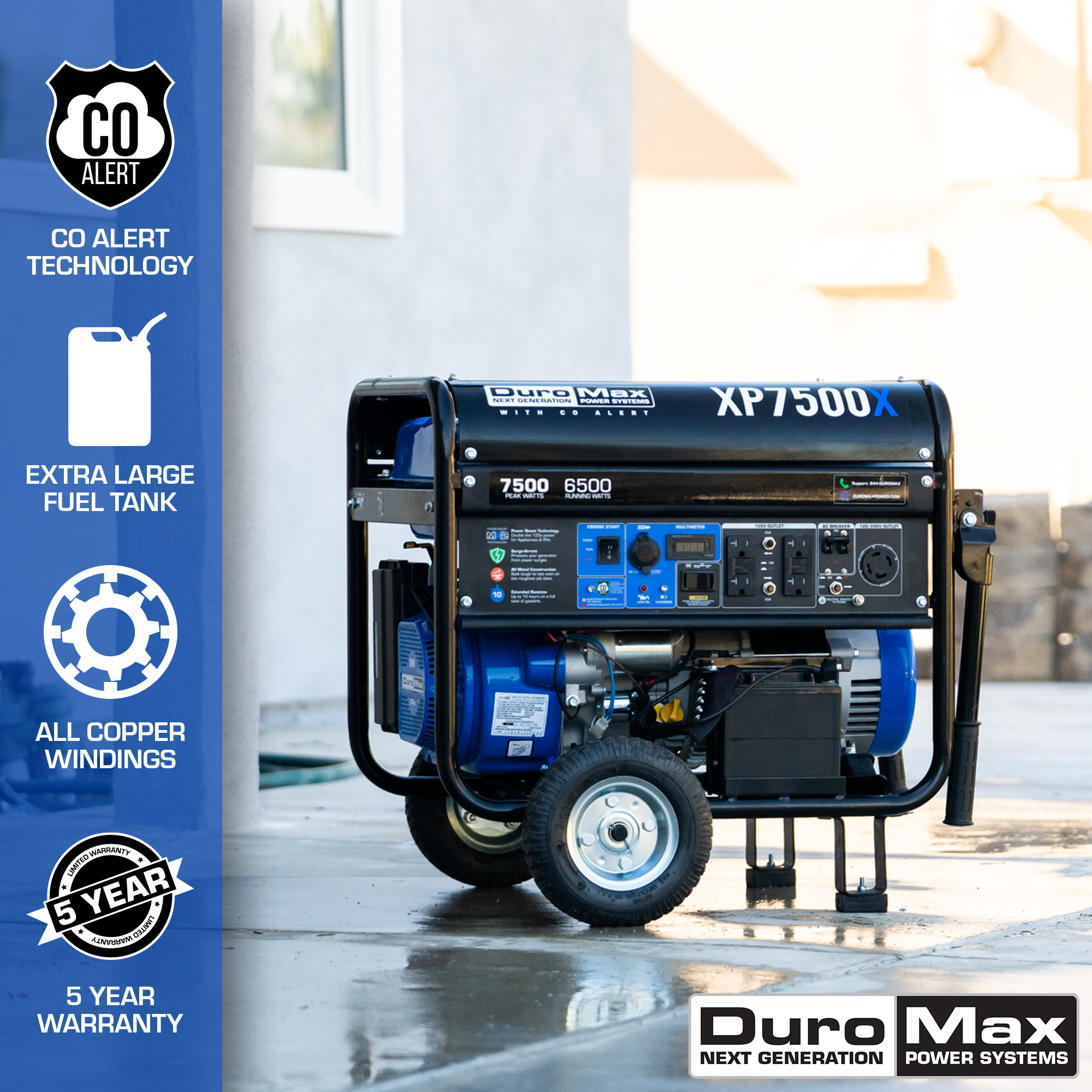 7,500 Watt Portable Gasoline Generator with CO Alert - Reliable Backup Power for Home, Camping & Outdoor Emergencies