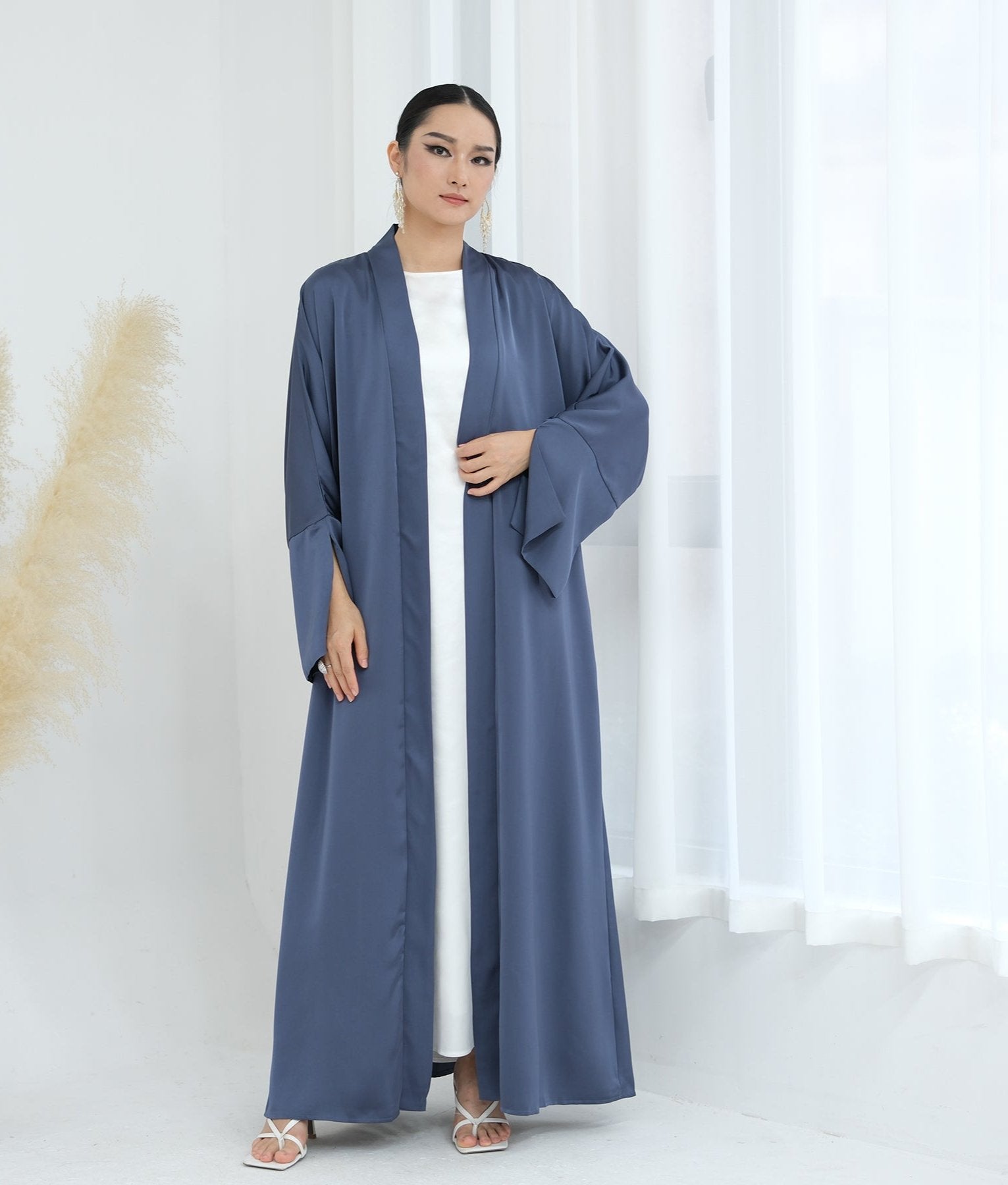 Lavinia Satin Open Abaya Denim - Elegant Muslim Prayer Dress for Women | Perfect for Prayer, Mosque, and Special Occasions