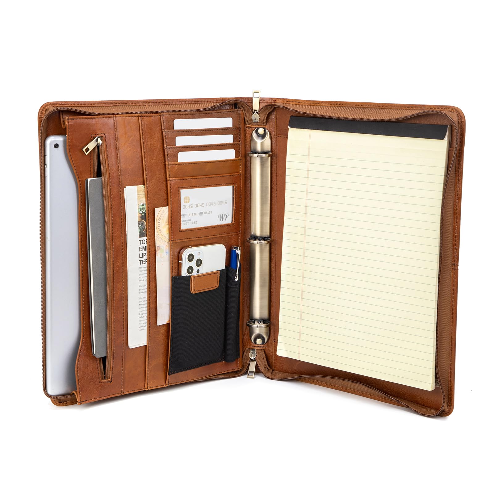 Premium Genuine Full Grain Leather Portfolio with 3-Ring Binder - Zippered A4 Notebook Holder & Laptop Sleeve - Professional Organizer Folder for Men & Women (Brown, Oil-Tanned) - Perfect for Business Meetings, Office Work & Executive Gifts
