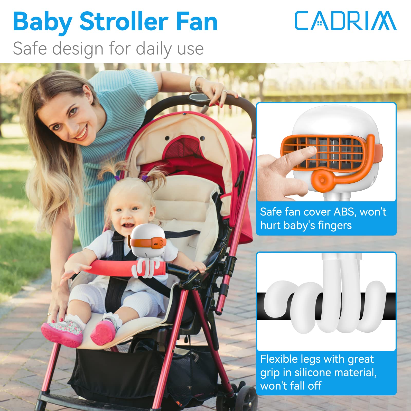 Cadrim Battery Operated Clip-On Stroller Fan for Baby - 3 Speed Adjustable Portable Fan with Flexible Tripod, Handheld Personal Cooling Fan for Car Seat, Crib, Camping, Treadmill & Outdoor Activities - Perfect for Strollers, Baby Carriers and Nursery Rooms