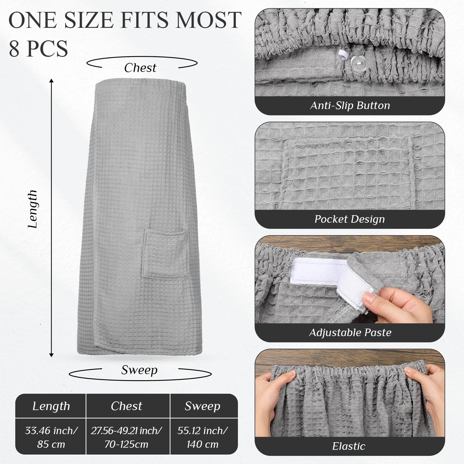Tigeen 8-Piece Waffle Weave Bathrobe Set for Women - Knee-Length Spa Towel Wrap with Pockets & Adjustable Closure - Soft Absorbent Post-Shower Robes for Home, Pool & Beach Use