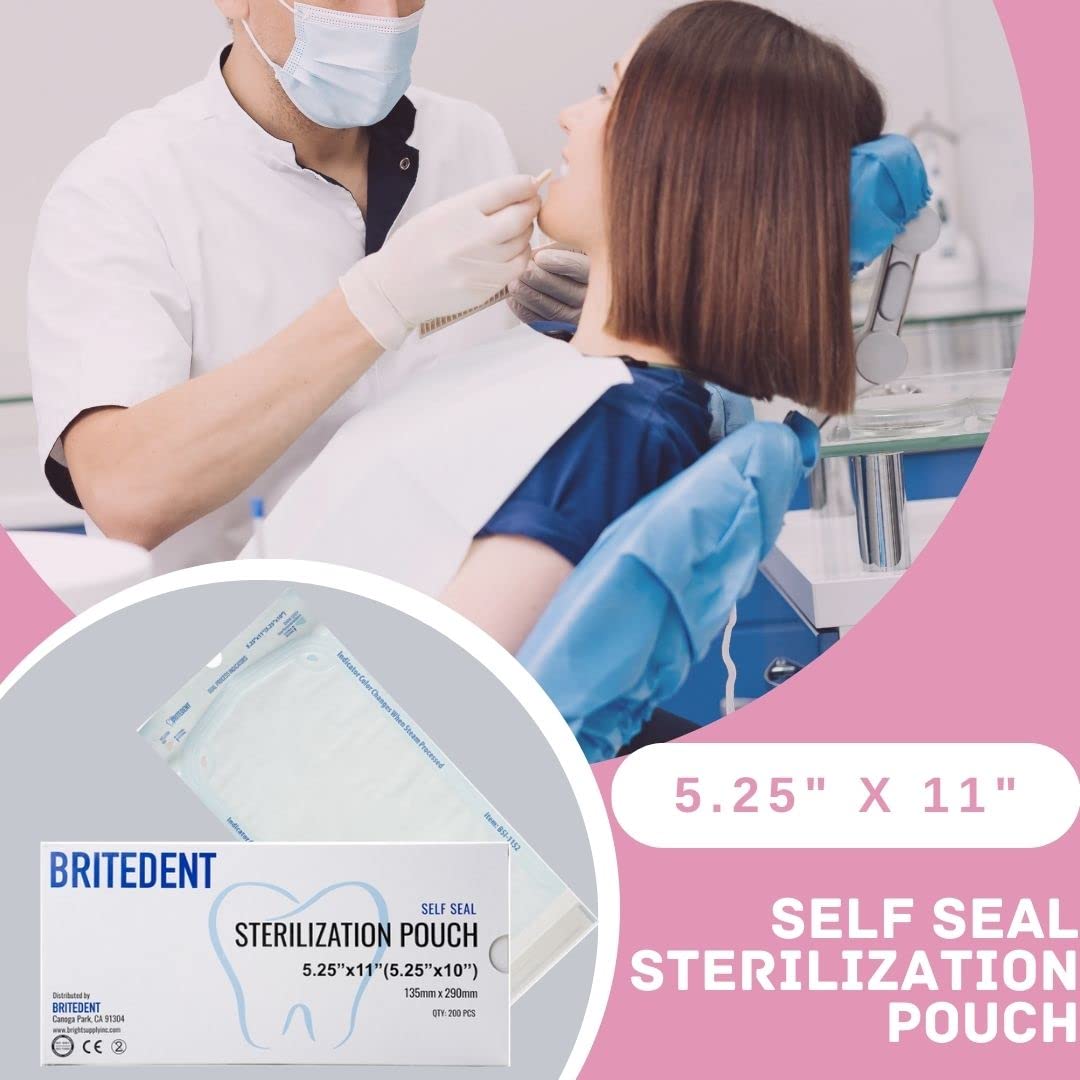 Self Sealing Sterilization Pouches 5.25” x 10” - 200 Pack Autoclave Bags for Dental & Medical Tools - Triple Check Sterilization Technology - Perfect for Clinics, Hospitals & Tattoo Studios